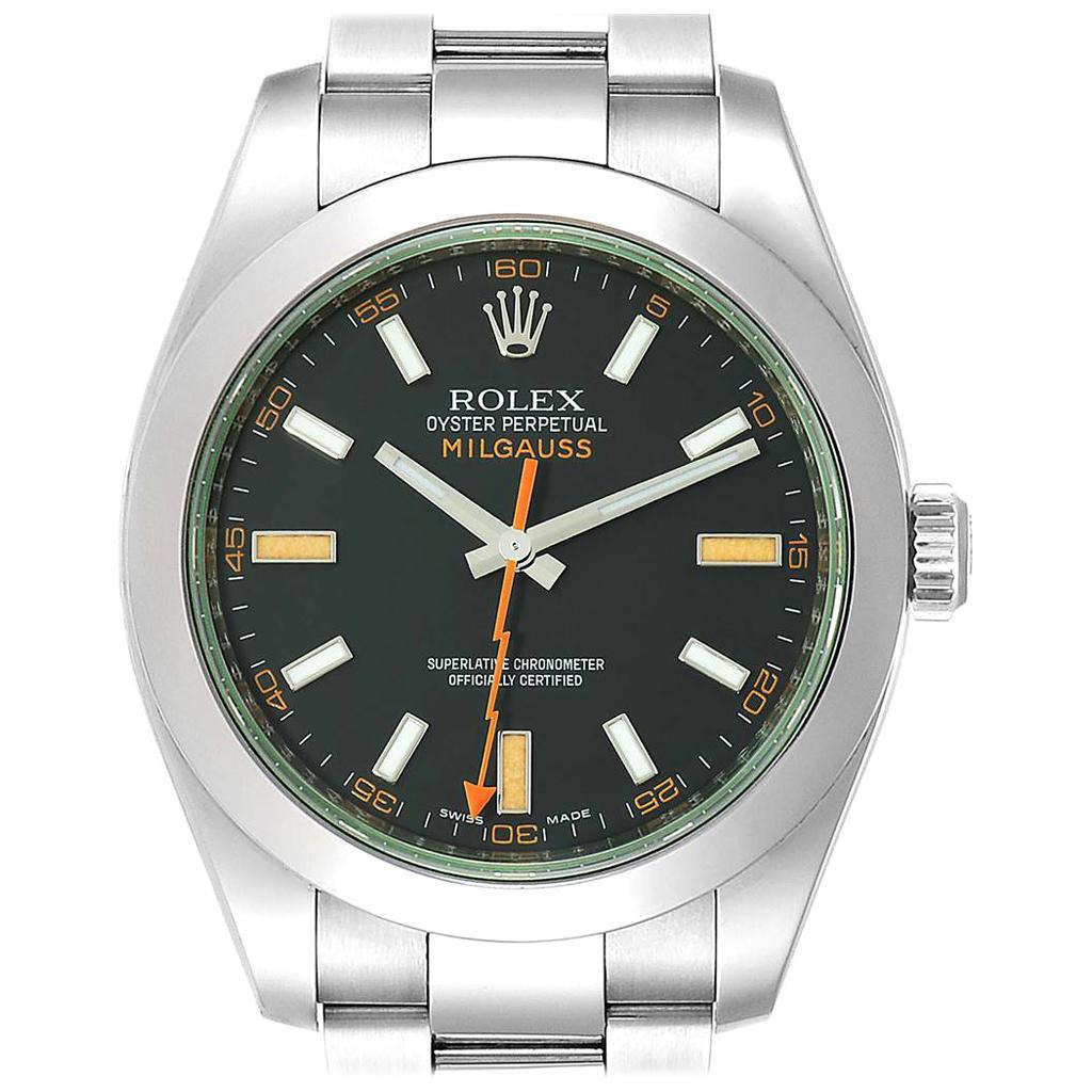 Rolex Milgauss Black Dial Green Domed Bezel Crystal Men's Watch 116400V For Sale