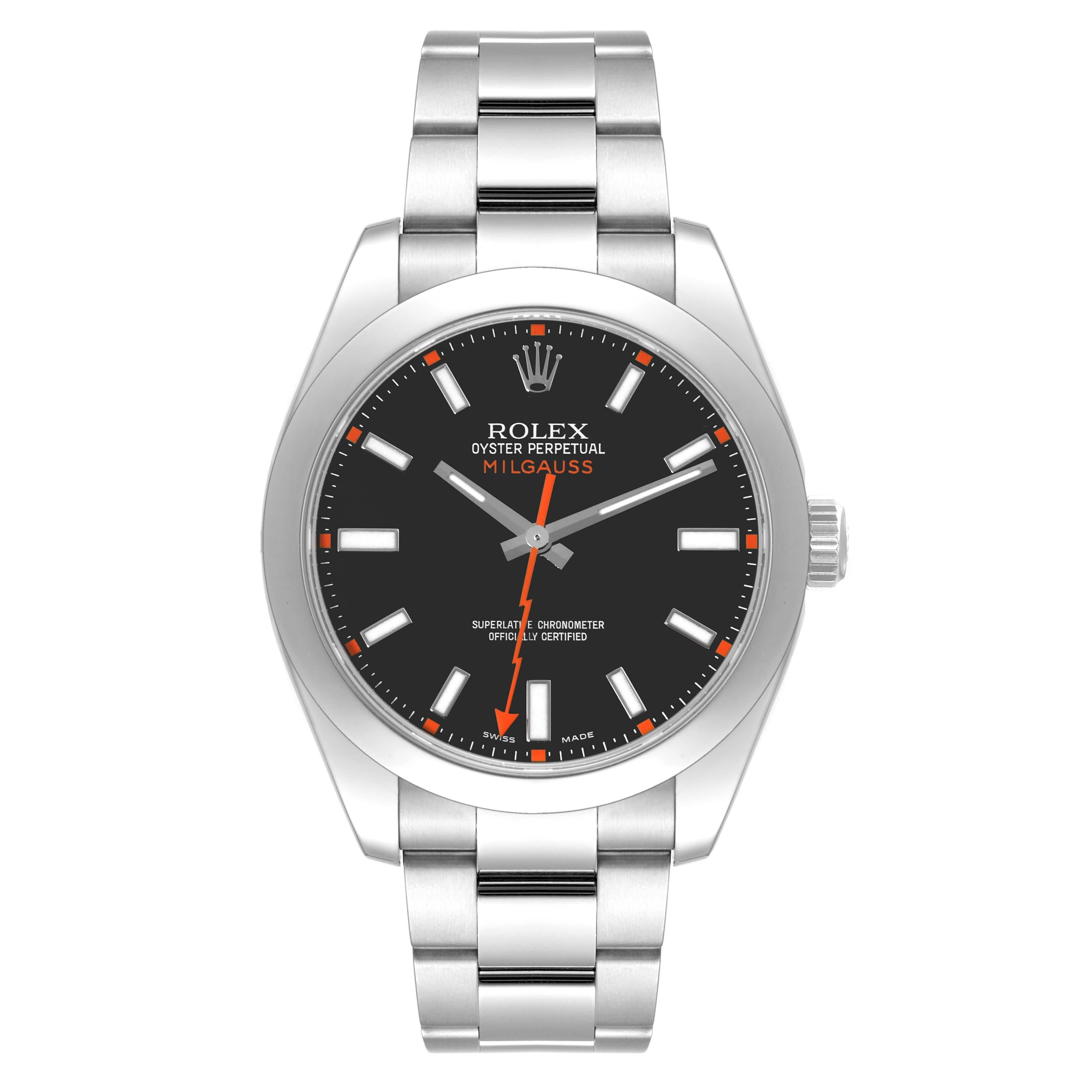Rolex Milgauss Black Dial Steel Mens Watch 116400 Box Card. Officially certified chronometer automatic self-winding movement. Stainless steel case 40.0 mm in diameter. Stainless steel smooth domed bezel. Scratch resistant sapphire crystal. Black