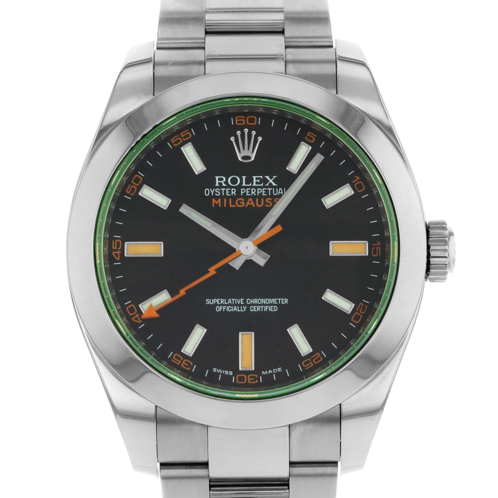 Pre Owned Rolex Milgauss Steel Black Dial Green Crystal Automatic Men's Watch 116400GV BKO. This Beautiful Timepiece comes with 2012 card and is Powered by Mechanical (Automatic) Movement And Features: Round Stainless Steel Case and Steel Oyster
