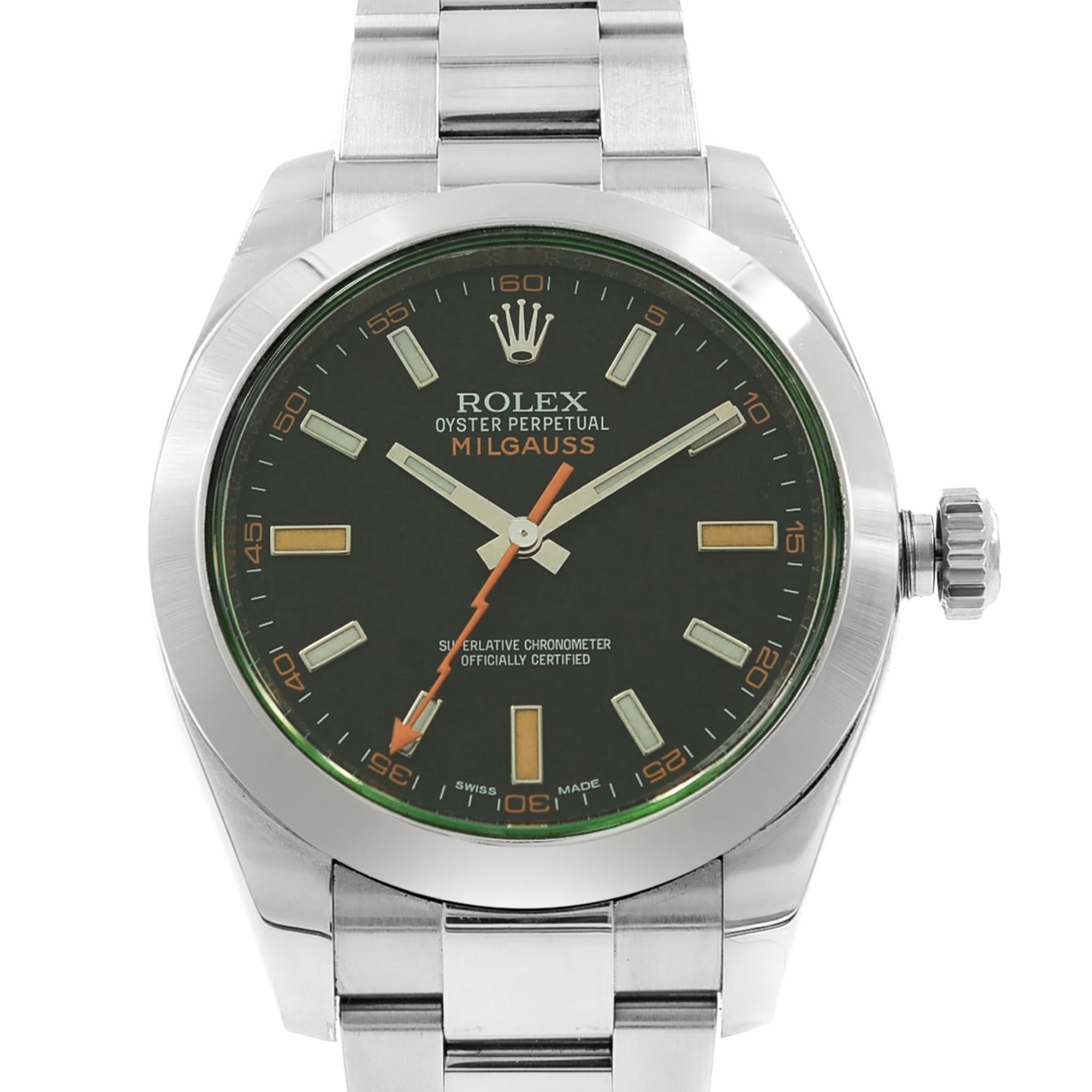 This pre-owned Rolex Milgauss  116400  is a beautiful men's timepiece that is powered by an automatic movement which is cased in a stainless steel case. It has a round shape face,  dial, and has hand sticks style markers. It is completed with a