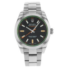 Rolex Rolex Milgauss Herrenuhr 116400GV mit schwarzem Index-Zifferblatt und orangefarbenem Handaufzug aus Stahl