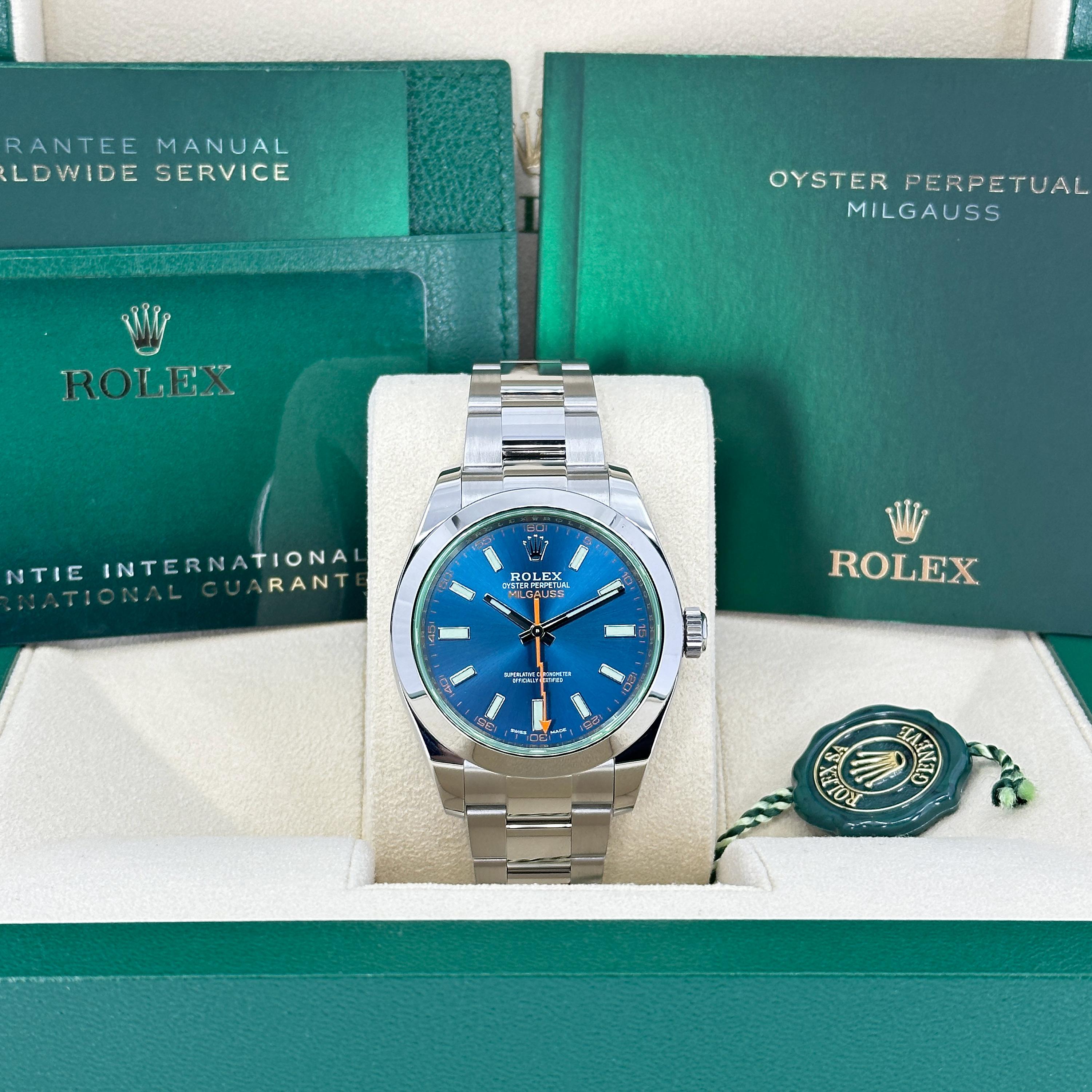 Unworn Professional watches Rolex Milgauss 40, Oystersteel, Ref# 116400GV-0002 - luxury, elegance, and practicality.
FULLY STICKERED, BOTH HANG-TAGS, OPEN CARD.

Make: Rolex
Model: Milgauss
Reference: 116400GV-0002
Diameter: 40 mm
Case material: