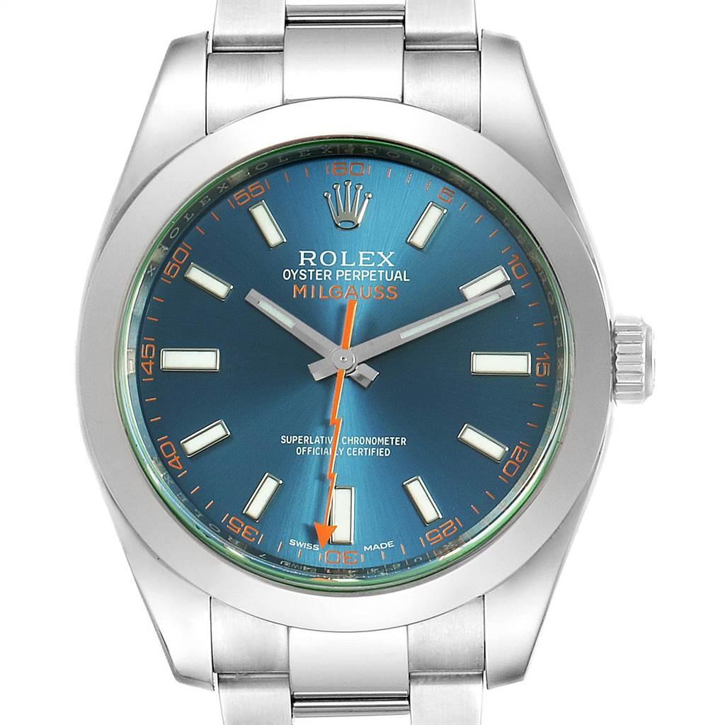 Rolex Milgauss Blue Dial Green Crystal Mens Watch 116400GV. Officially certified chronometer self-winding movement. Stainless steel case 40.0 mm in diameter. Stainless steel fixed smooth domed bezel. Scratch resistant green sapphire crystal. Blue
