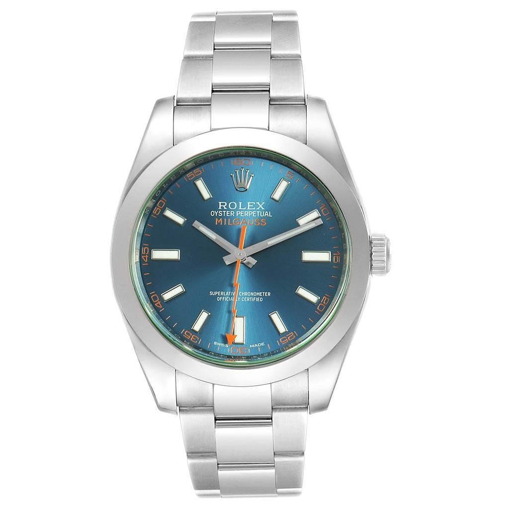 Rolex Milgauss Blue Dial Green Crystal Men's Watch 116400GV In Excellent Condition For Sale In Atlanta, GA