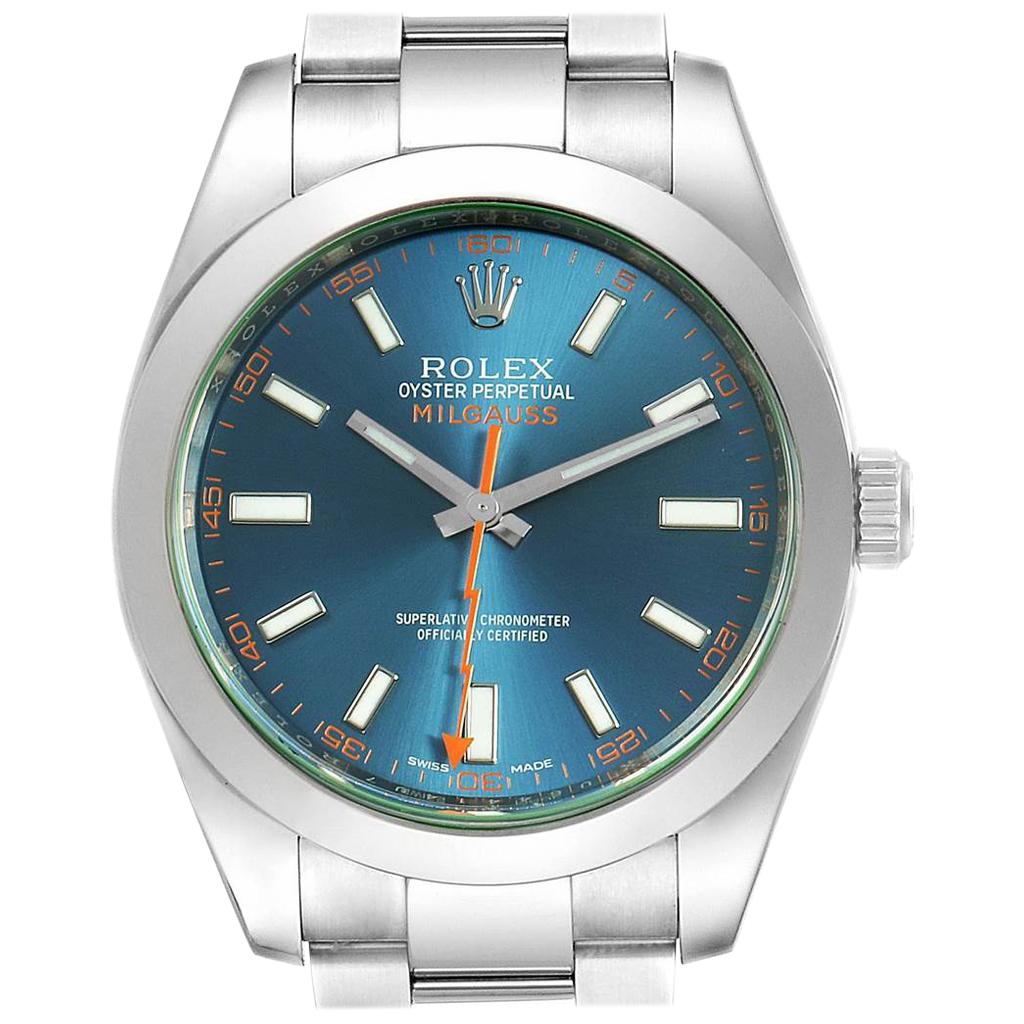 Rolex Milgauss Blue Dial Green Crystal Men's Watch 116400GV For Sale