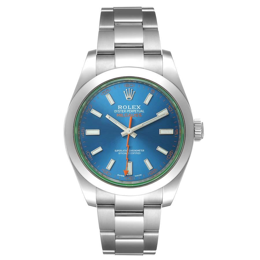 Rolex Milgauss Blue Dial Green Crystal Steel Mens Watch 116400. Officially certified chronometer self-winding movement. Stainless steel case 40.0 mm in diameter. Stainless steel smooth domed bezel. Scratch resistant green sapphire crystal. Blue dial