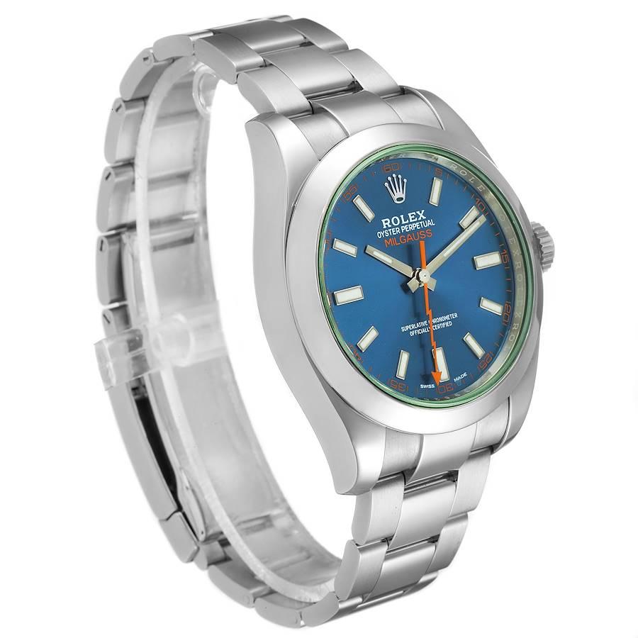 Rolex Milgauss Blue Dial Green Crystal Steel Mens Watch 116400 In Excellent Condition In Atlanta, GA