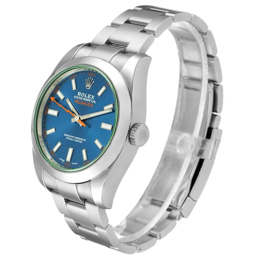 Men's Rolex Milgauss Blue Dial Green Crystal Steel Mens Watch 116400