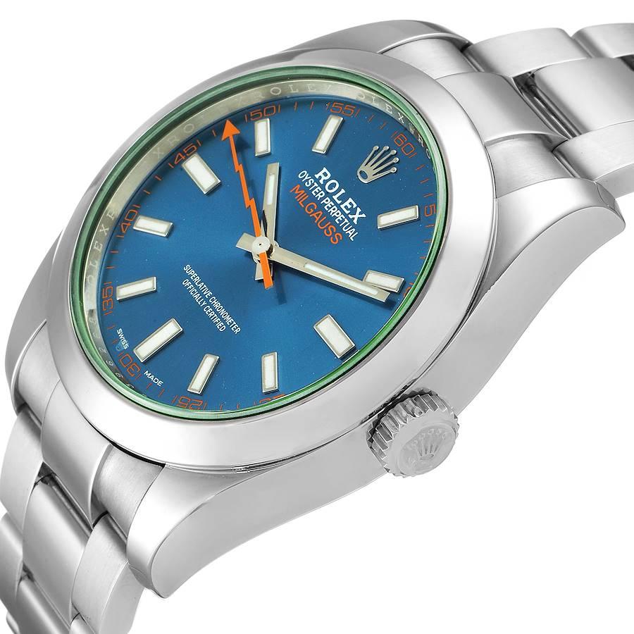 Rolex Milgauss Blue Dial Green Crystal Steel Mens Watch 116400 1