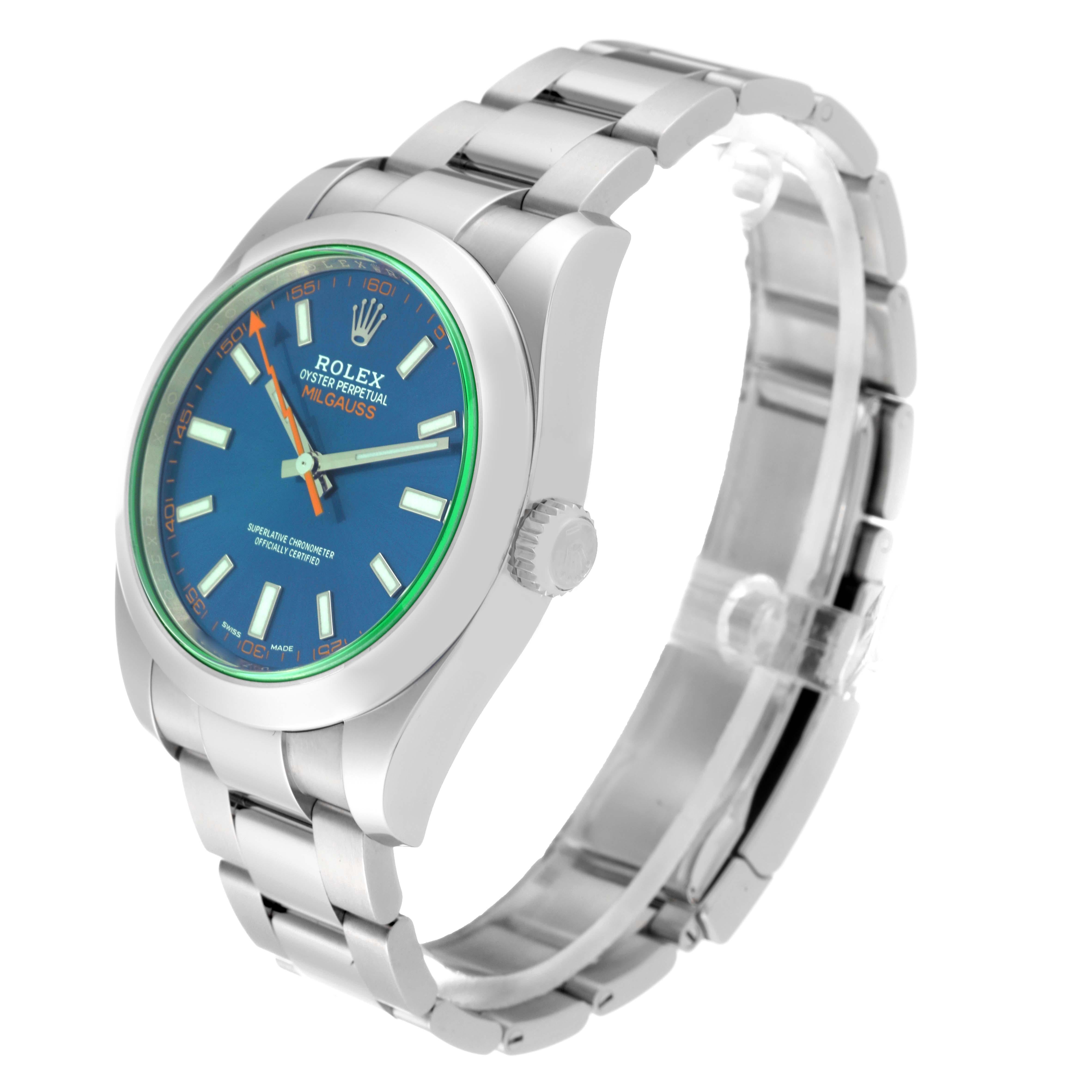Rolex Milgauss Blue Dial Green Crystal Steel Mens Watch 116400GV Box Card For Sale 8