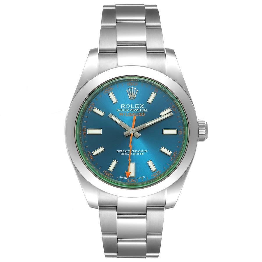 Rolex Milgauss Blue Dial Green Crystal Steel Mens Watch 116400GV Box Card. Officially certified chronometer self-winding movement. Stainless steel case 40.0 mm in diameter. Stainless steel smooth domed bezel. Scratch resistant green sapphire