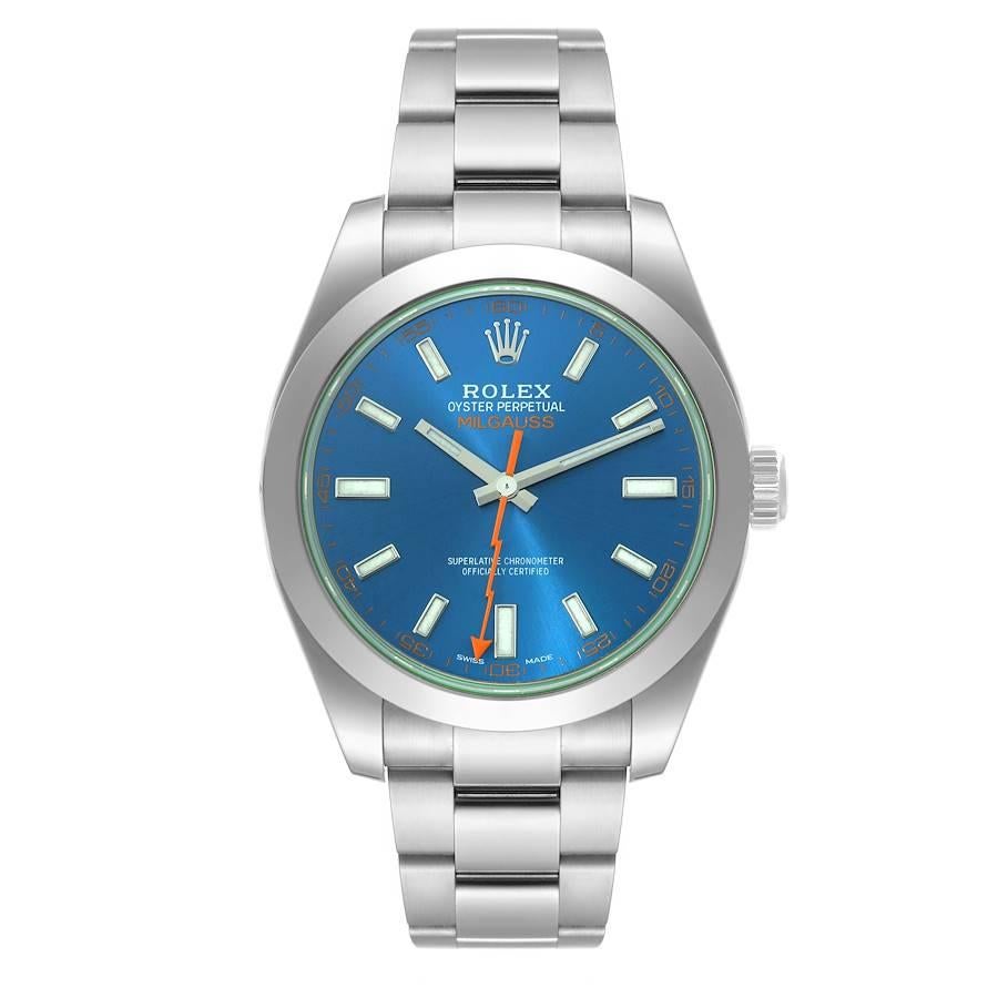 Rolex Milgauss Blue Dial Green Crystal Steel Mens Watch 116400GV Box Card. Officially certified chronometer automatic self-winding movement. Stainless steel case 40.0 mm in diameter. Stainless steel smooth bezel. Scratch resistant green sapphire