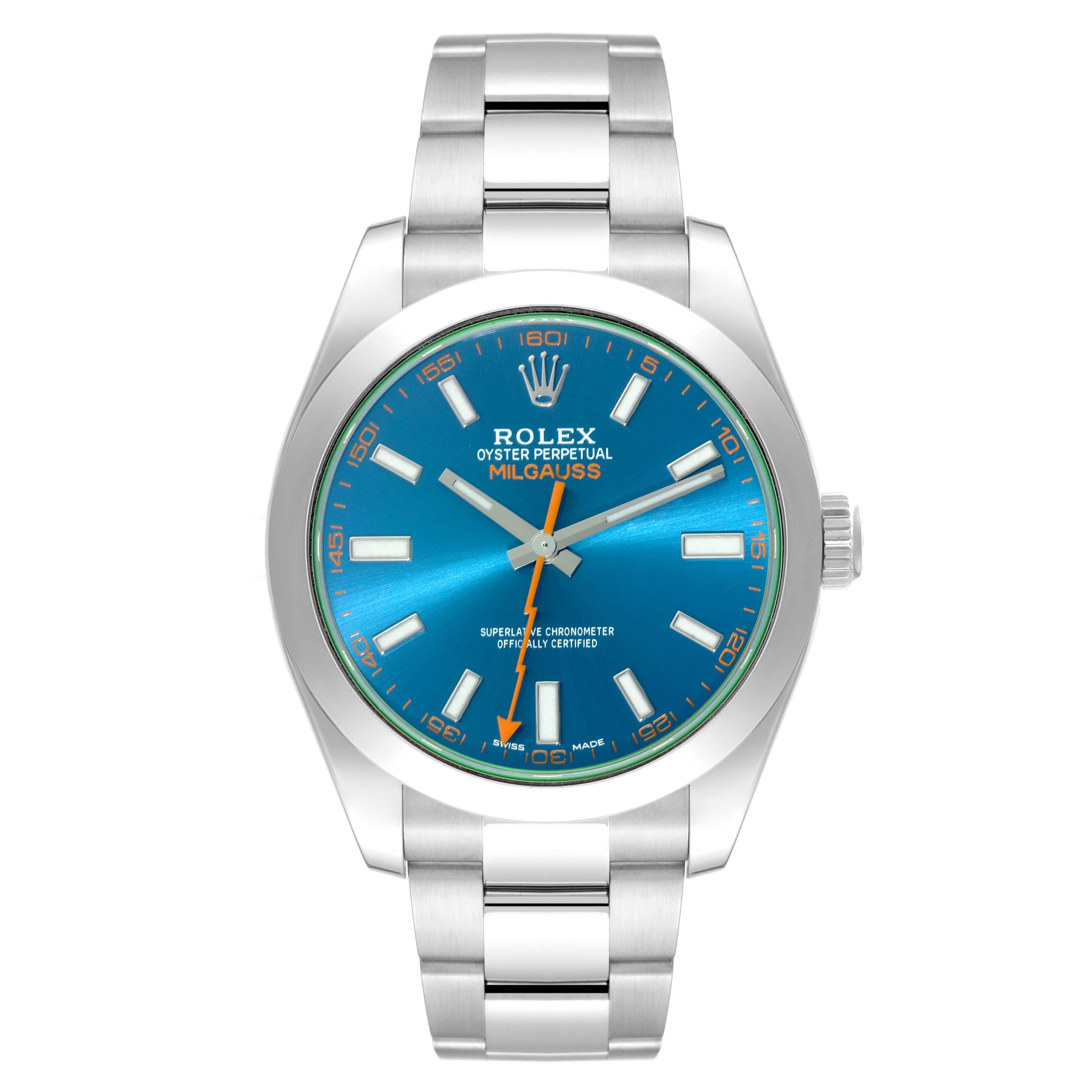 Rolex Milgauss Blue Dial Green Crystal Steel Mens Watch 116400GV Box Card. Officially certified chronometer automatic self-winding movement. Stainless steel case 40.0 mm in diameter. Stainless steel smooth bezel. Scratch resistant green sapphire