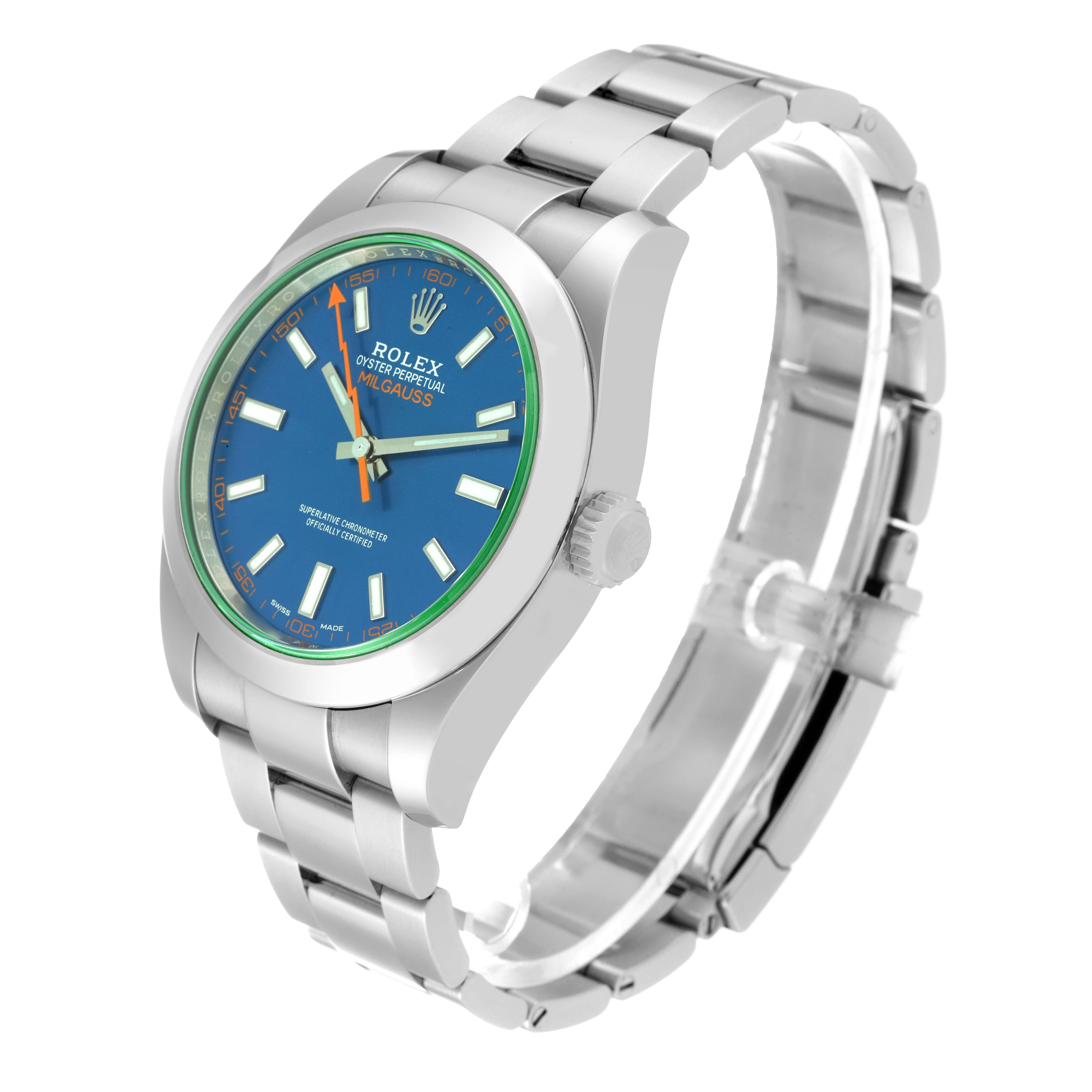 Men's Rolex Milgauss Blue Dial Green Crystal Steel Mens Watch 116400GV Box Card
