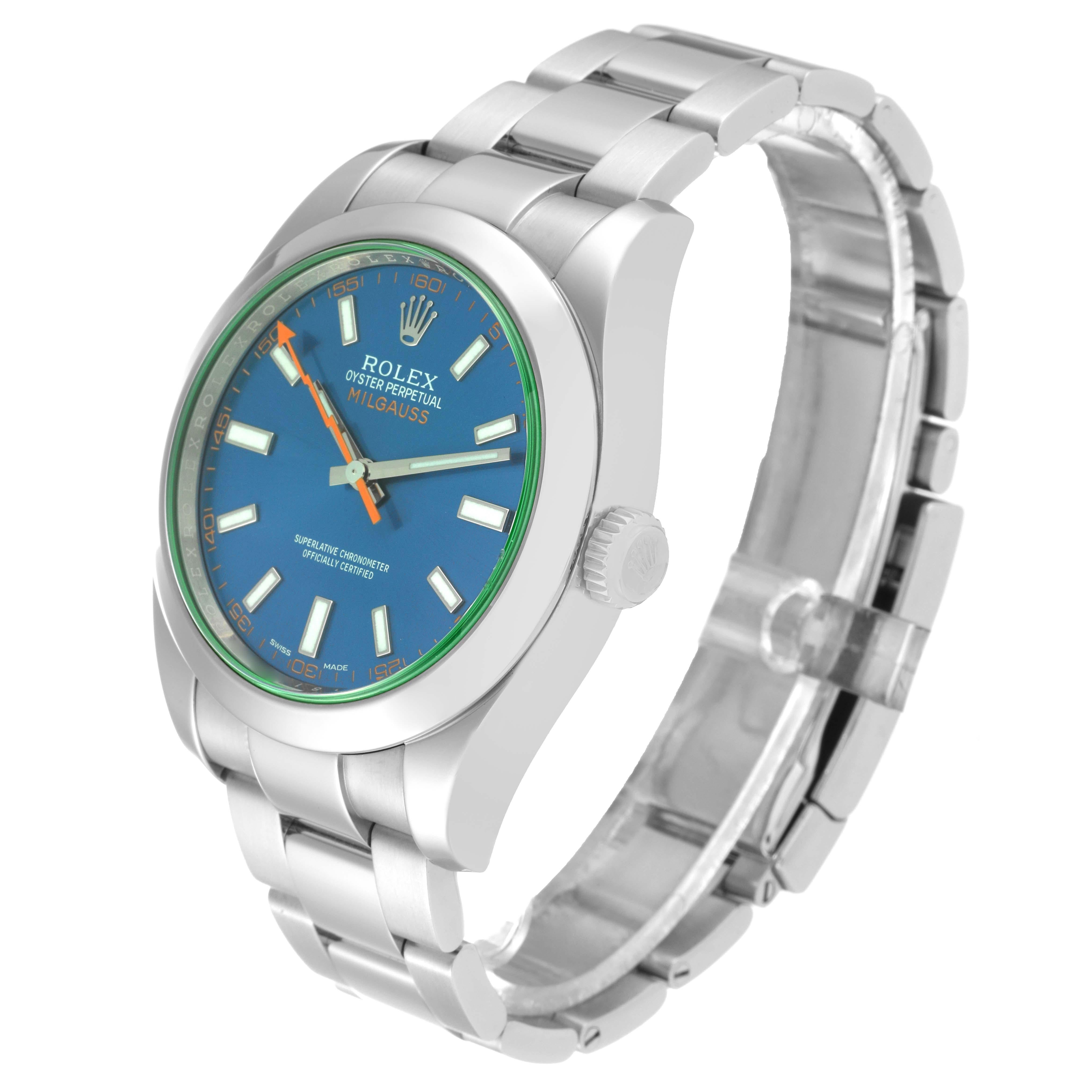Men's Rolex Milgauss Blue Dial Green Crystal Steel Mens Watch 116400GV Box Card