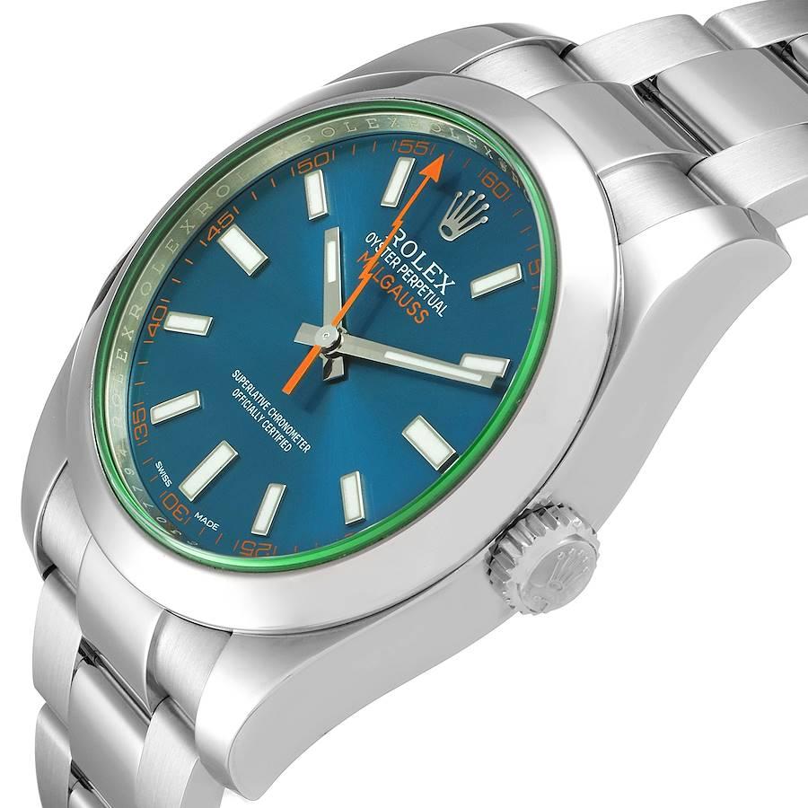 Rolex Milgauss Blue Dial Green Crystal Steel Mens Watch 116400GV Box Card 1