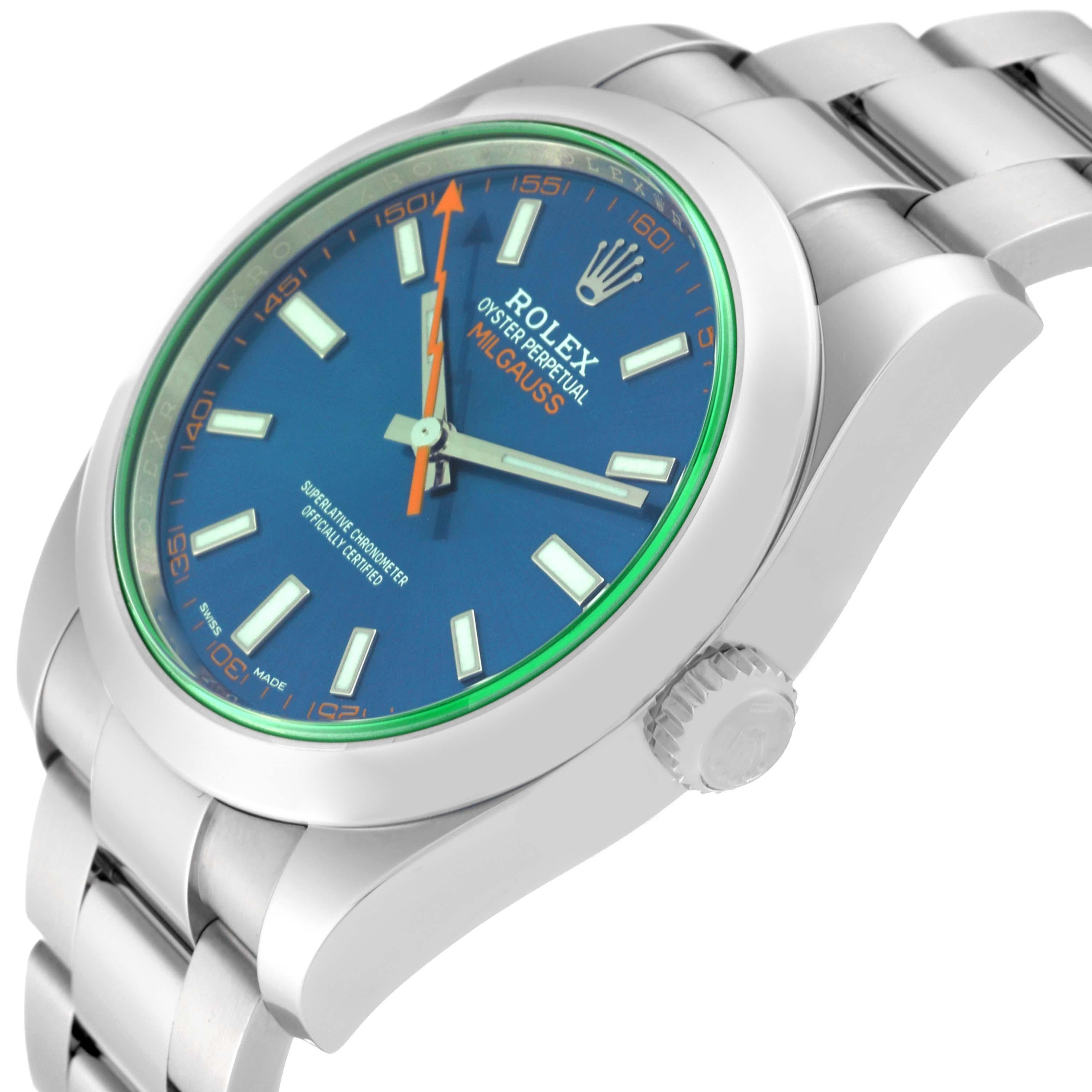 Rolex Milgauss Blue Dial Green Crystal Steel Mens Watch 116400GV Box Card For Sale 1