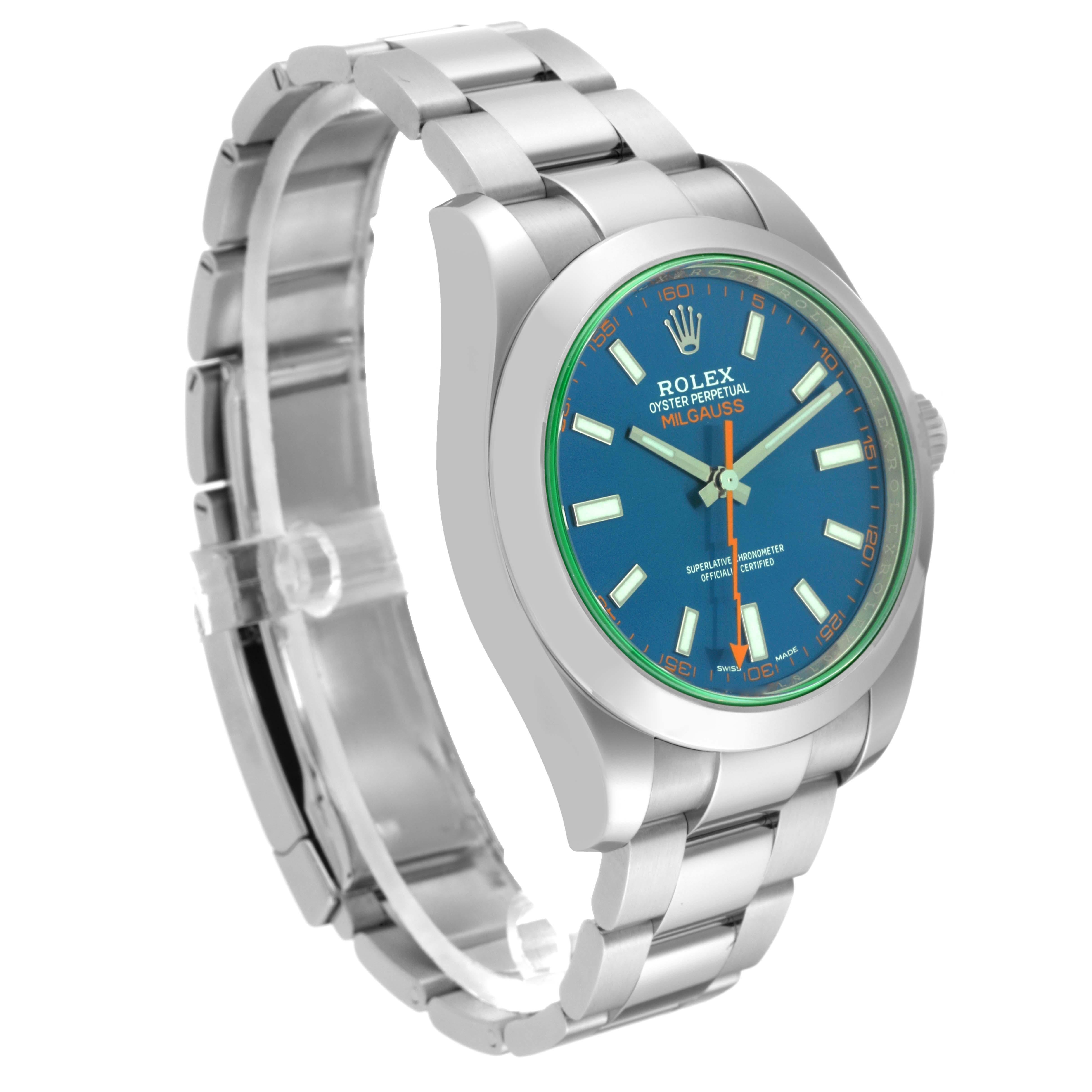 Rolex Milgauss Blue Dial Green Crystal Steel Mens Watch 116400GV Box Card For Sale 2