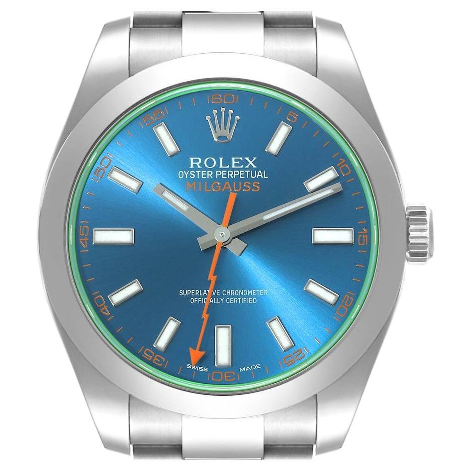 Rolex Milgauss Blue Dial Green Crystal Steel Mens Watch 116400GV Box Card  For Sale at 1stDibs | rolex milgauss z blue, rolex milgaus blue, rolex  milgauss blue price