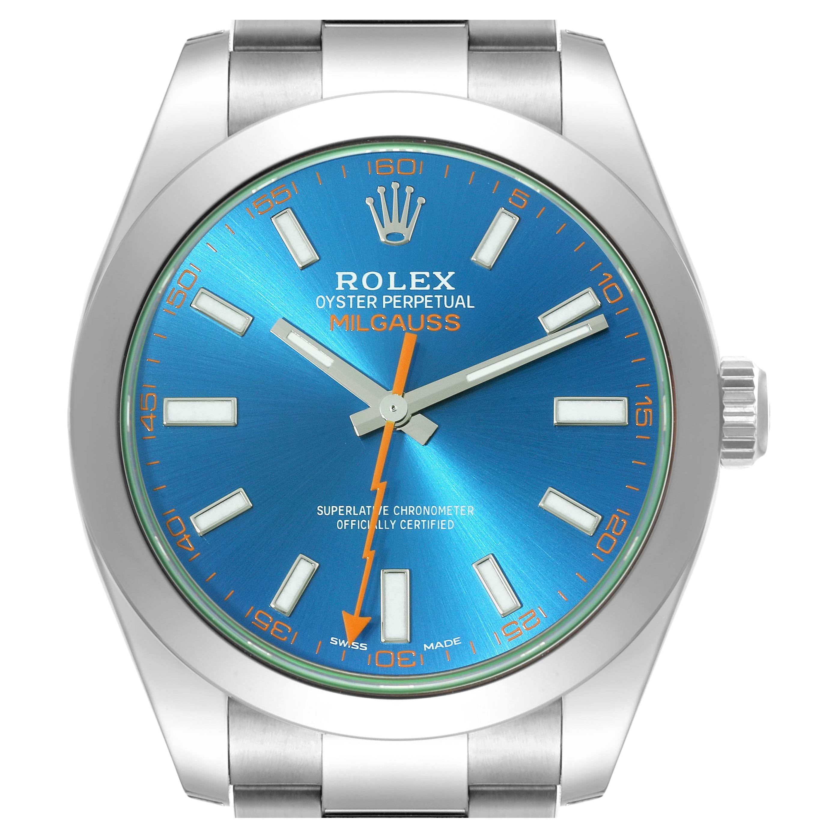 Rolex Milgauss Blue Dial Green Crystal Steel Mens Watch 116400GV Box Card