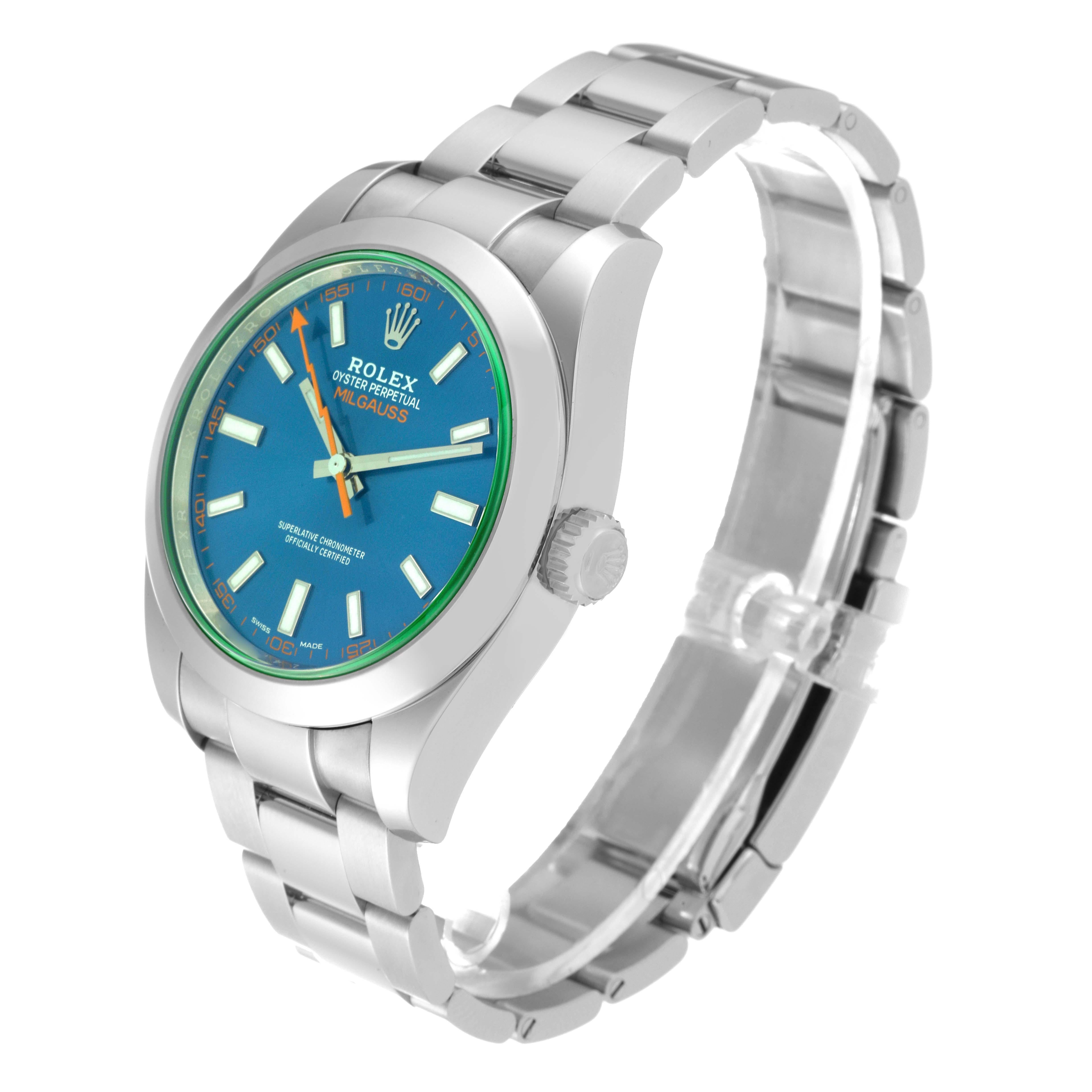 Rolex Milgauss Blue Dial Green Crystal Steel Mens Watch 116400GV Card For Sale 7