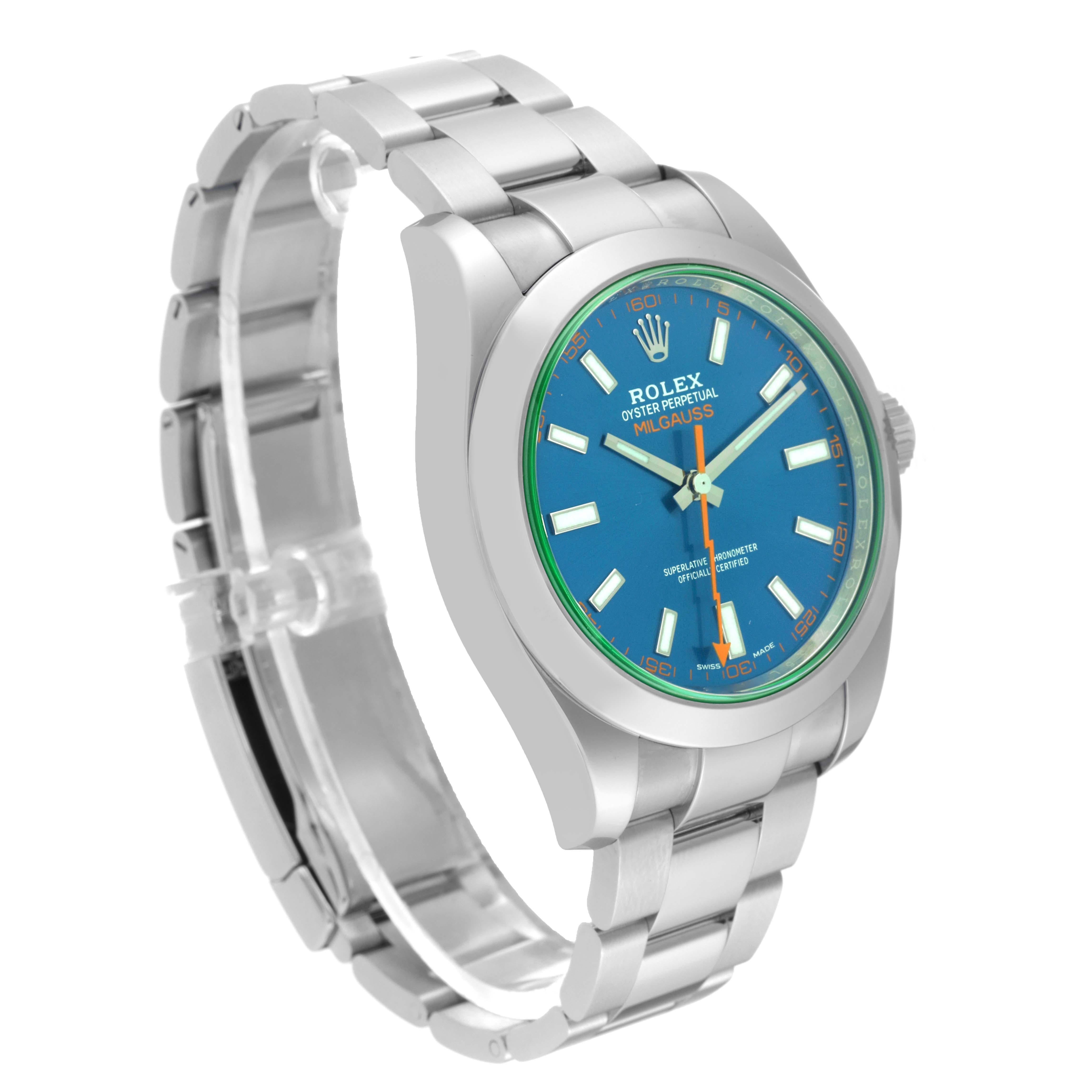 Rolex Milgauss Blue Dial Green Crystal Steel Mens Watch 116400GV Card For Sale 8