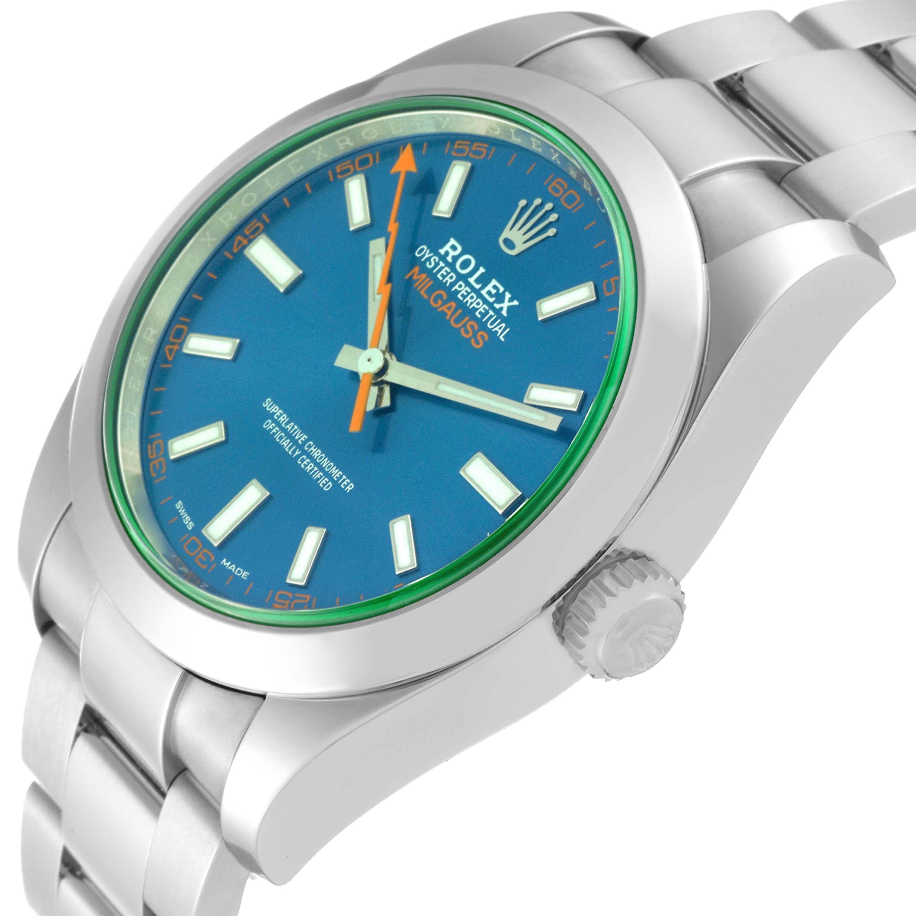 Rolex Milgauss Blue Dial Green Crystal Steel Mens Watch 116400GV Card For Sale 2