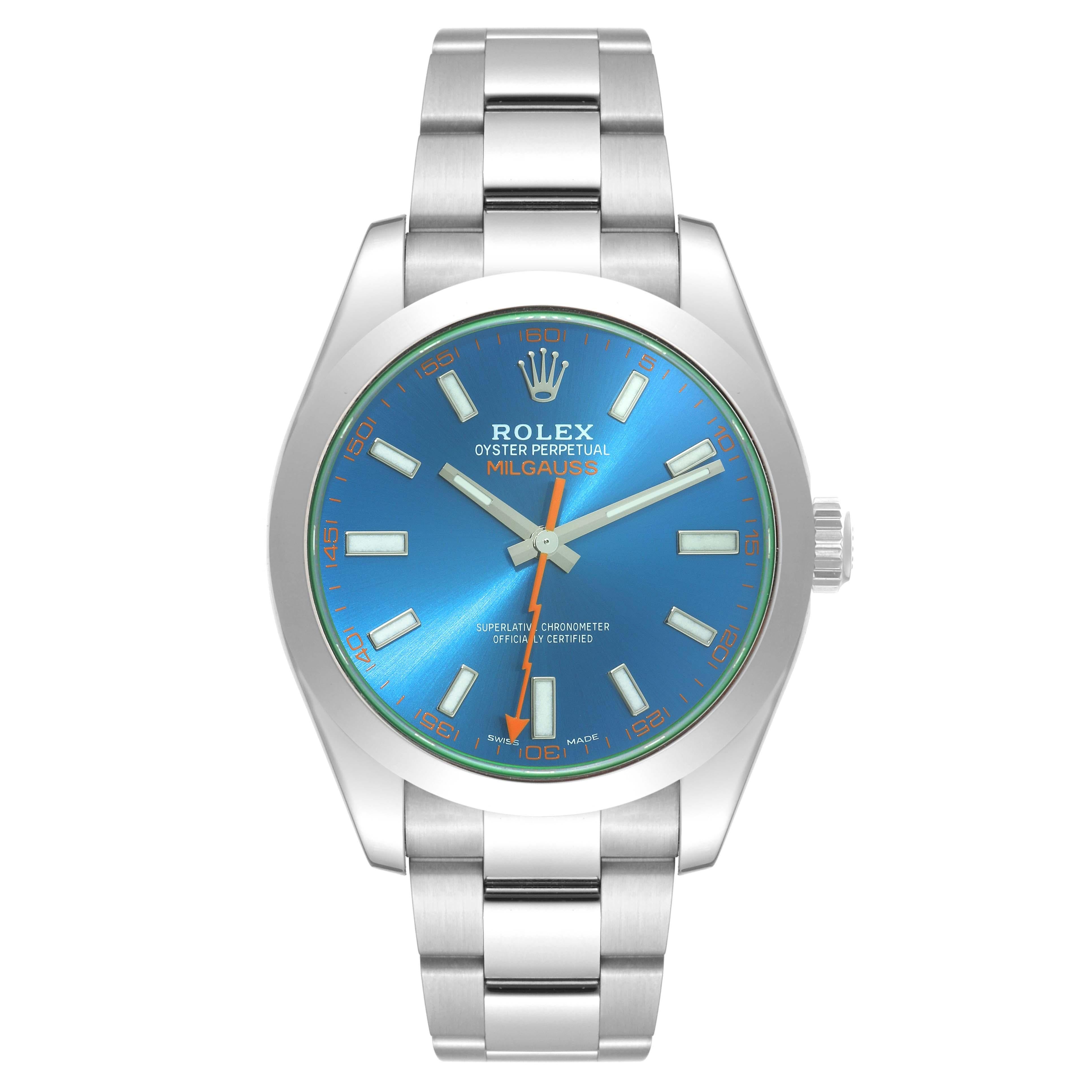 Rolex Milgauss Blue Dial Green Crystal Steel Mens Watch 116400GV Card For Sale 4