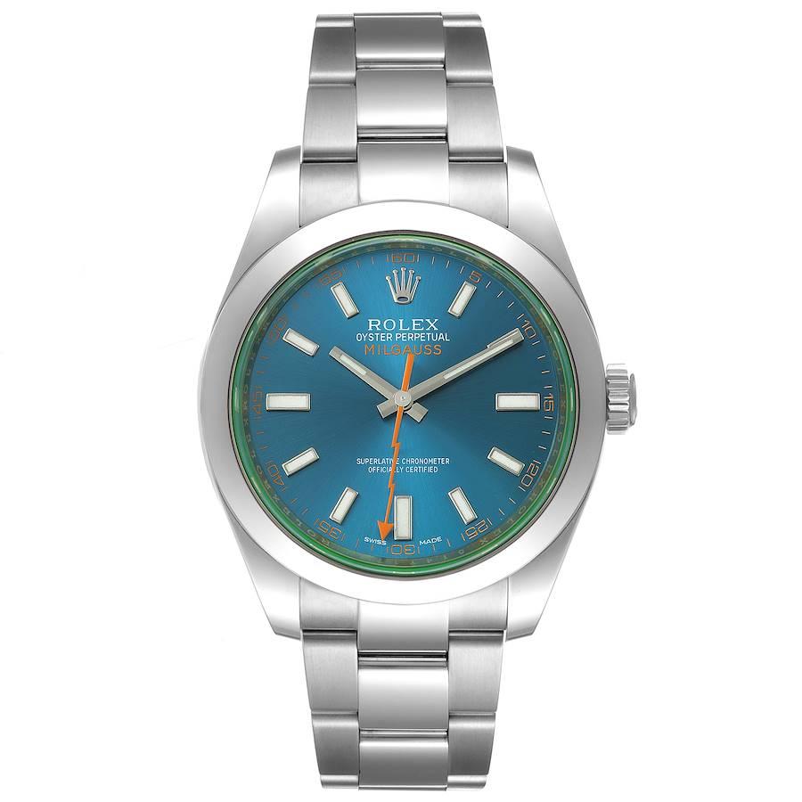 Rolex Milgauss Blue Dial Green Crystal Steel Mens Watch 116400GV. Officially certified chronometer self-winding movement. Stainless steel case 40.0 mm in diameter. Stainless steel smooth domed bezel. Scratch resistant green sapphire crystal. Blue