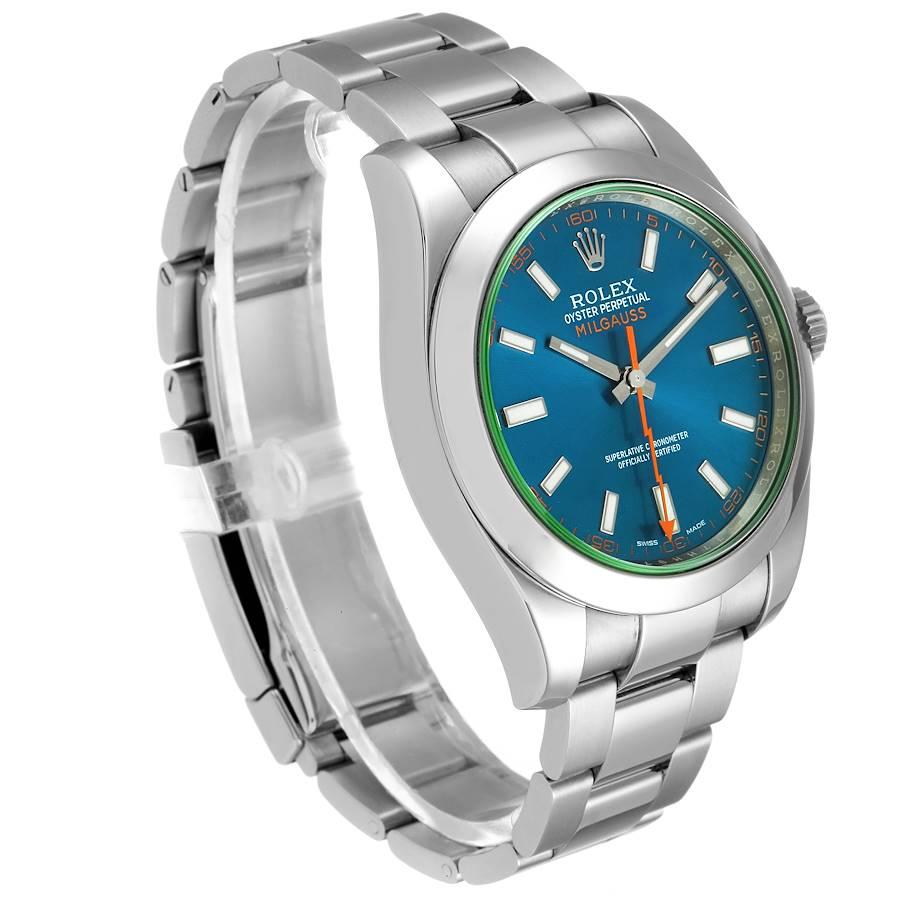 Rolex Milgauss Blue Dial Green Crystal Steel Mens Watch 116400GV In Excellent Condition For Sale In Atlanta, GA