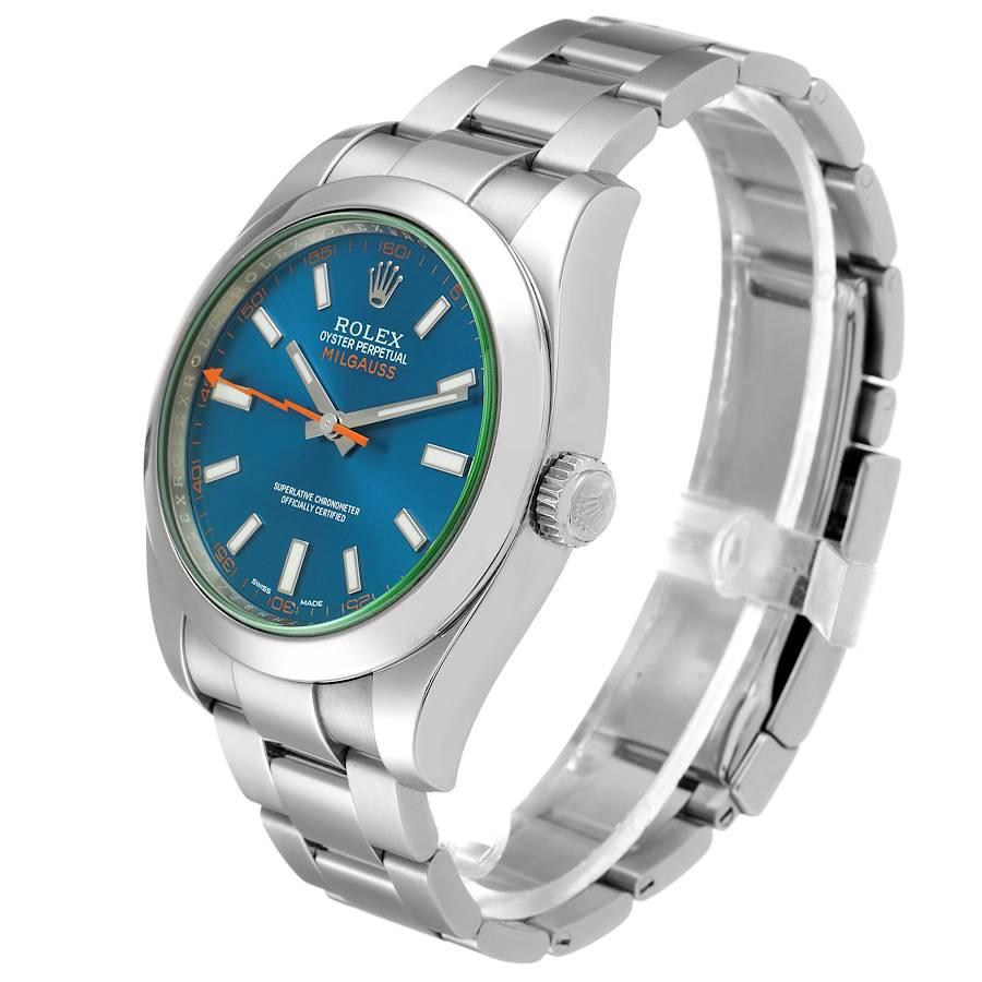 Men's Rolex Milgauss Blue Dial Green Crystal Steel Mens Watch 116400GV For Sale