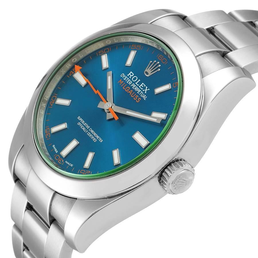 Rolex Milgauss Blue Dial Green Crystal Steel Mens Watch 116400GV For Sale 1