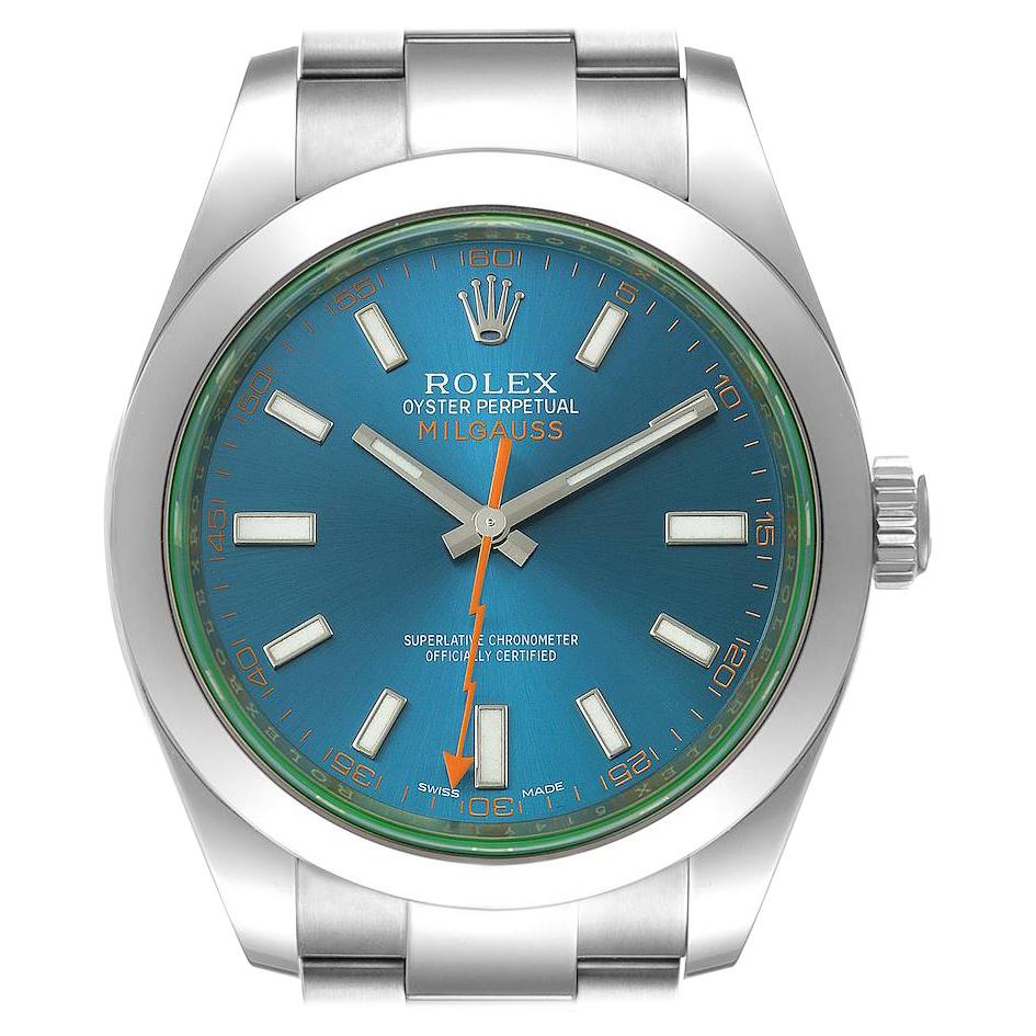 Rolex Milgauss Blue Dial Green Crystal Steel Mens Watch 116400GV For Sale