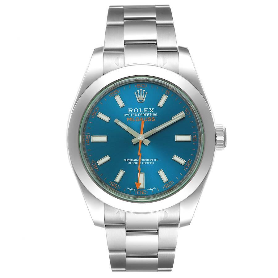 Rolex Milgauss Blue Dial Green Crystal Steel Mens Watch 116400GV Unworn. Officially certified chronometer self-winding movement. Stainless steel case 40.0 mm in diameter. Stainless steel smooth domed bezel. Scratch resistant green sapphire crystal.