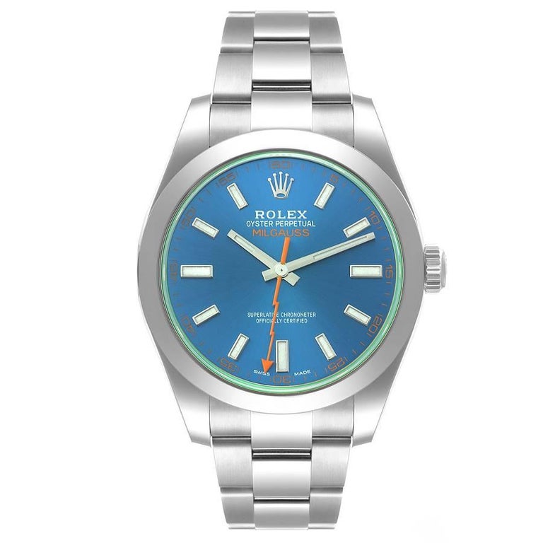 Rolex Milgauss Blue Dial Green Crystal Steel Mens Watch 116400GV Unworn For  Sale at 1stDibs