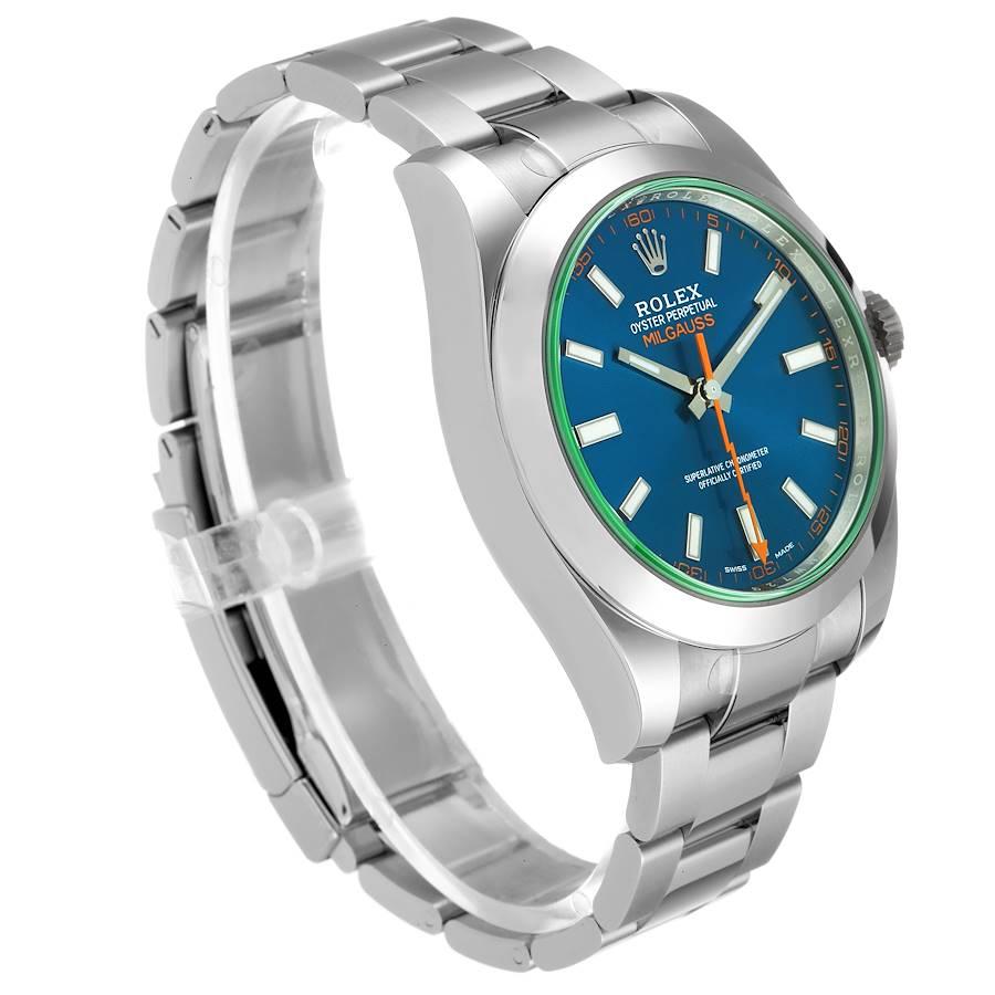 Rolex Milgauss Blue Dial Green Crystal Steel Mens Watch 116400GV Unworn In Excellent Condition For Sale In Atlanta, GA
