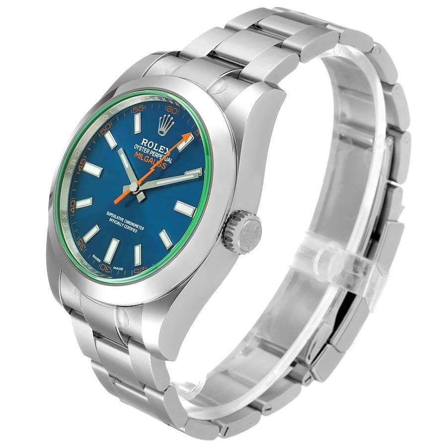 Men's Rolex Milgauss Blue Dial Green Crystal Steel Mens Watch 116400GV Unworn For Sale