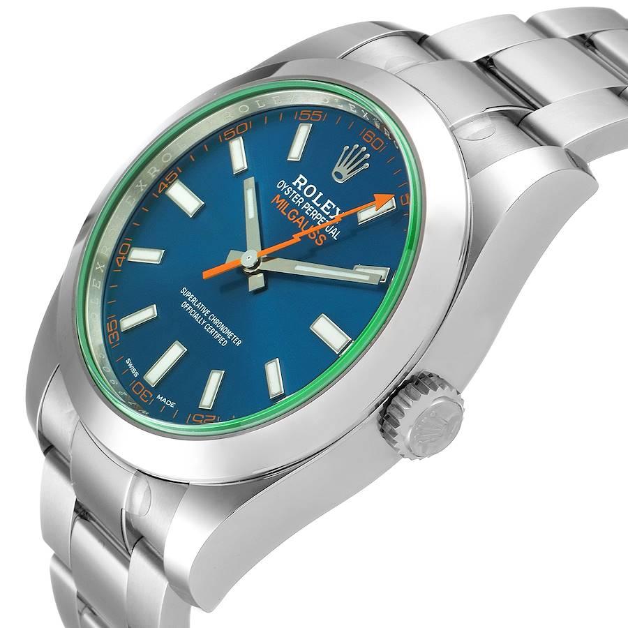 Rolex Milgauss Blue Dial Green Crystal Steel Mens Watch 116400GV Unworn For Sale 1