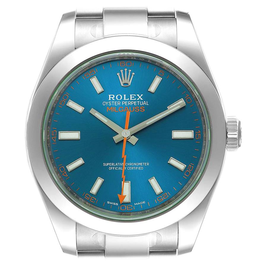 Rolex Milgauss Blue Dial Green Crystal Steel Mens Watch 116400GV Unworn For Sale