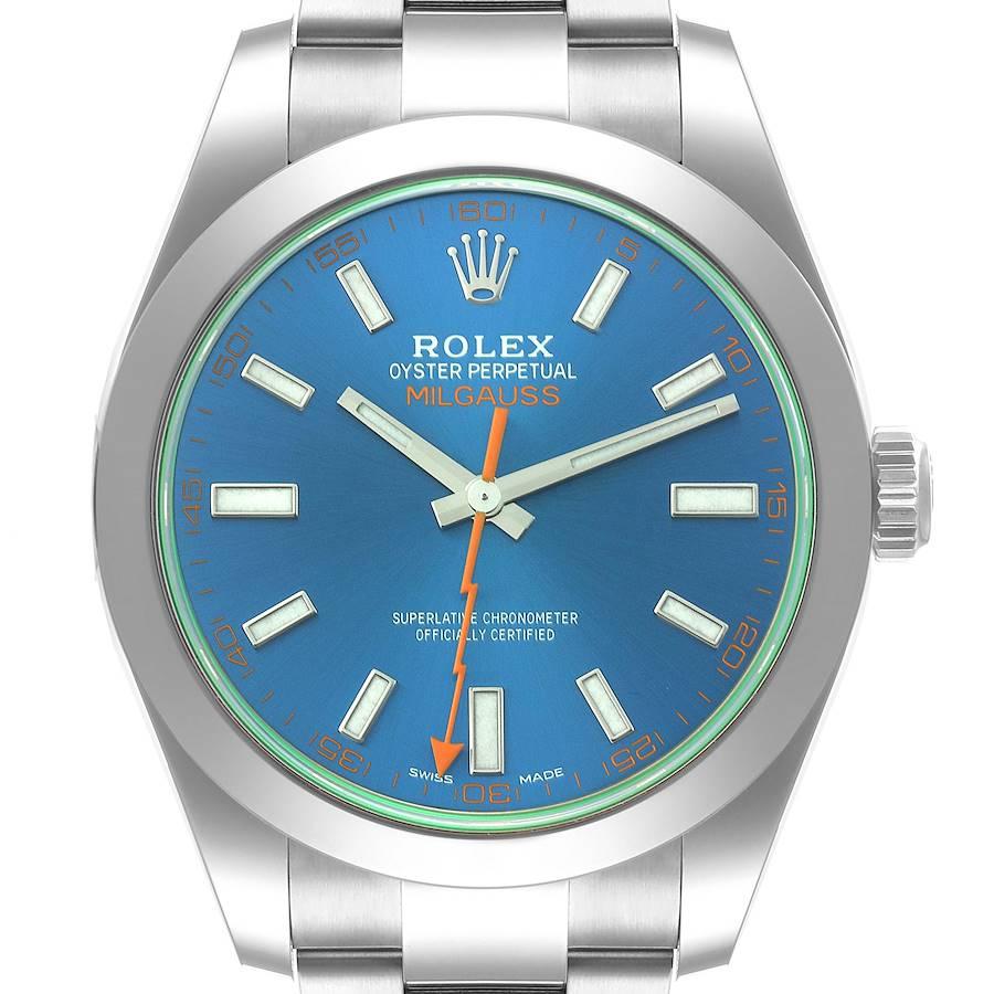 Rolex Milgauss Blue Dial Green Crystal Steel Mens Watch 116400GV