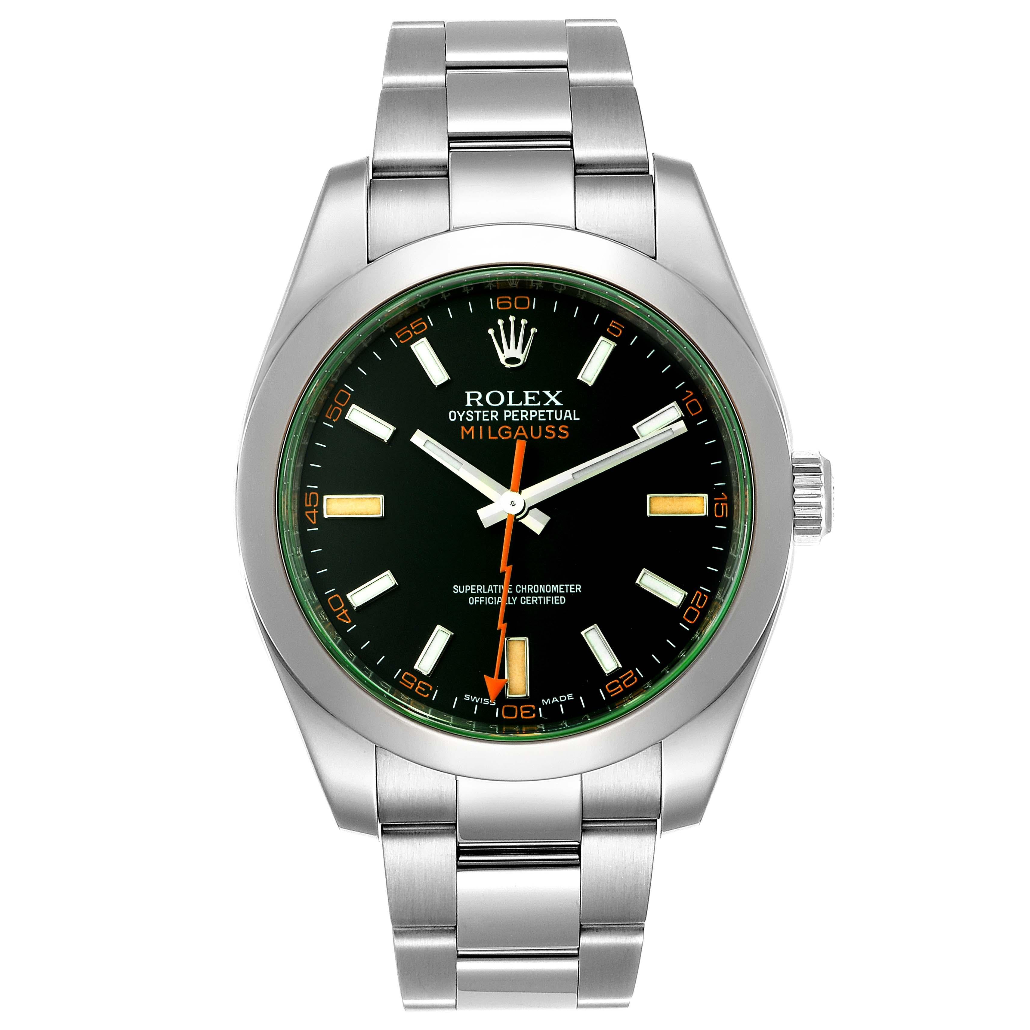 Rolex Milgauss Blue Dial Green Crystal Steel Mens Watch 116400V. Officially certified chronometer self-winding movement. Stainless steel case 40.0 mm in diameter. Stainless steel fixed smooth domed bezel. Scratch resistant green sapphire crystal.