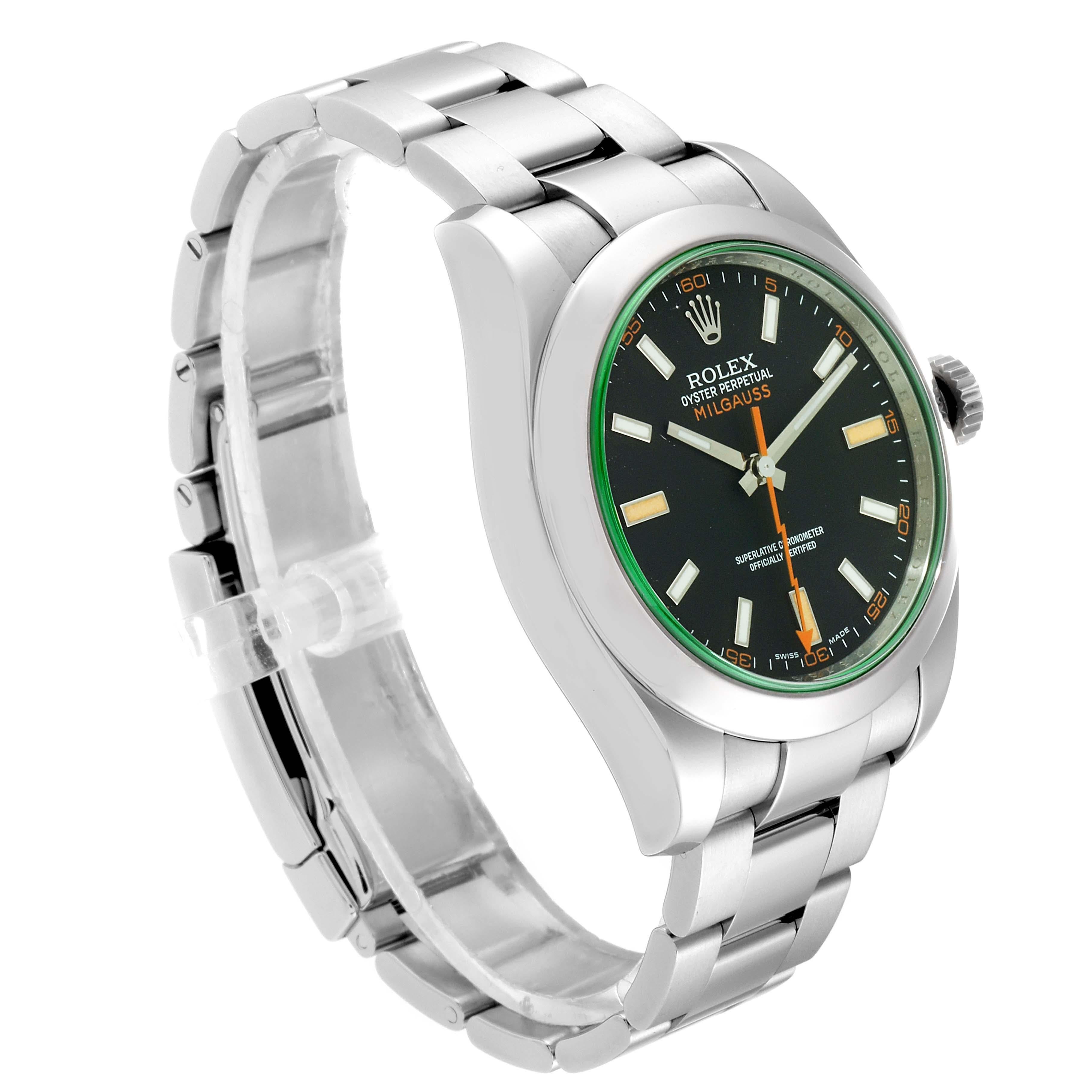 Rolex Milgauss Blue Dial Green Crystal Steel Men’s Watch 116400V In Excellent Condition For Sale In Atlanta, GA
