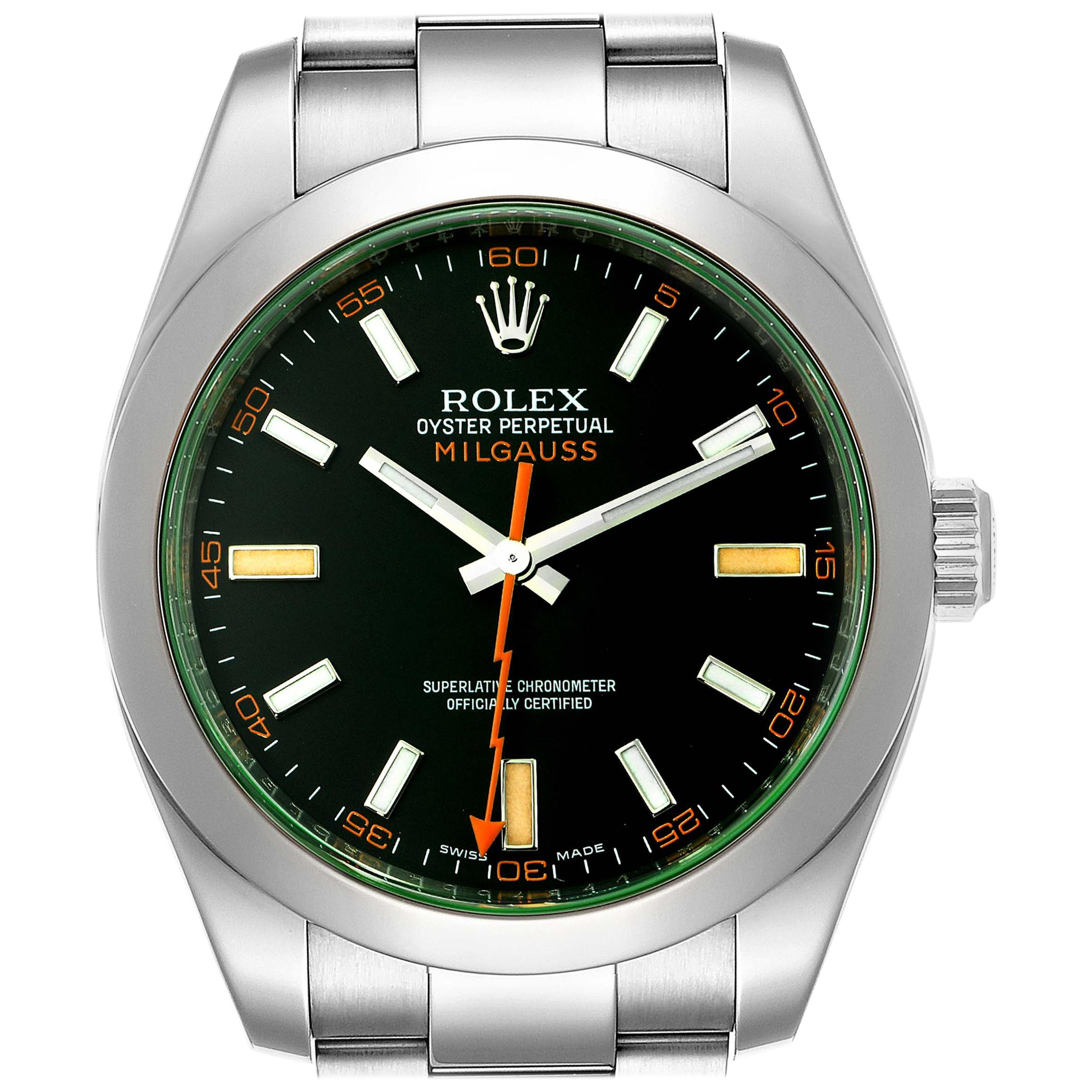 Rolex Milgauss Blue Dial Green Crystal Steel Men’s Watch 116400V For Sale