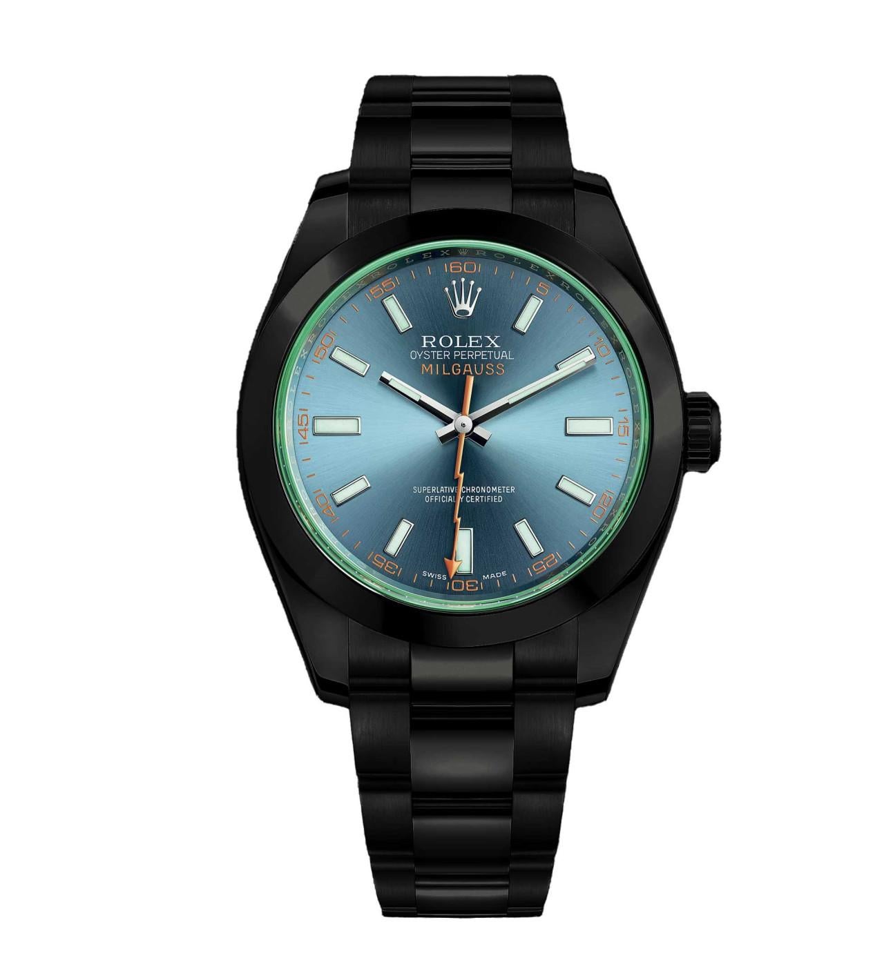 Rolex Milgauss Green Crystal Blue Dial Black PVD/DLC Stainless Steel Watch 11640

Watch has been professionally polished and coated with PVD/DLC coating. It has never been worn after customization.