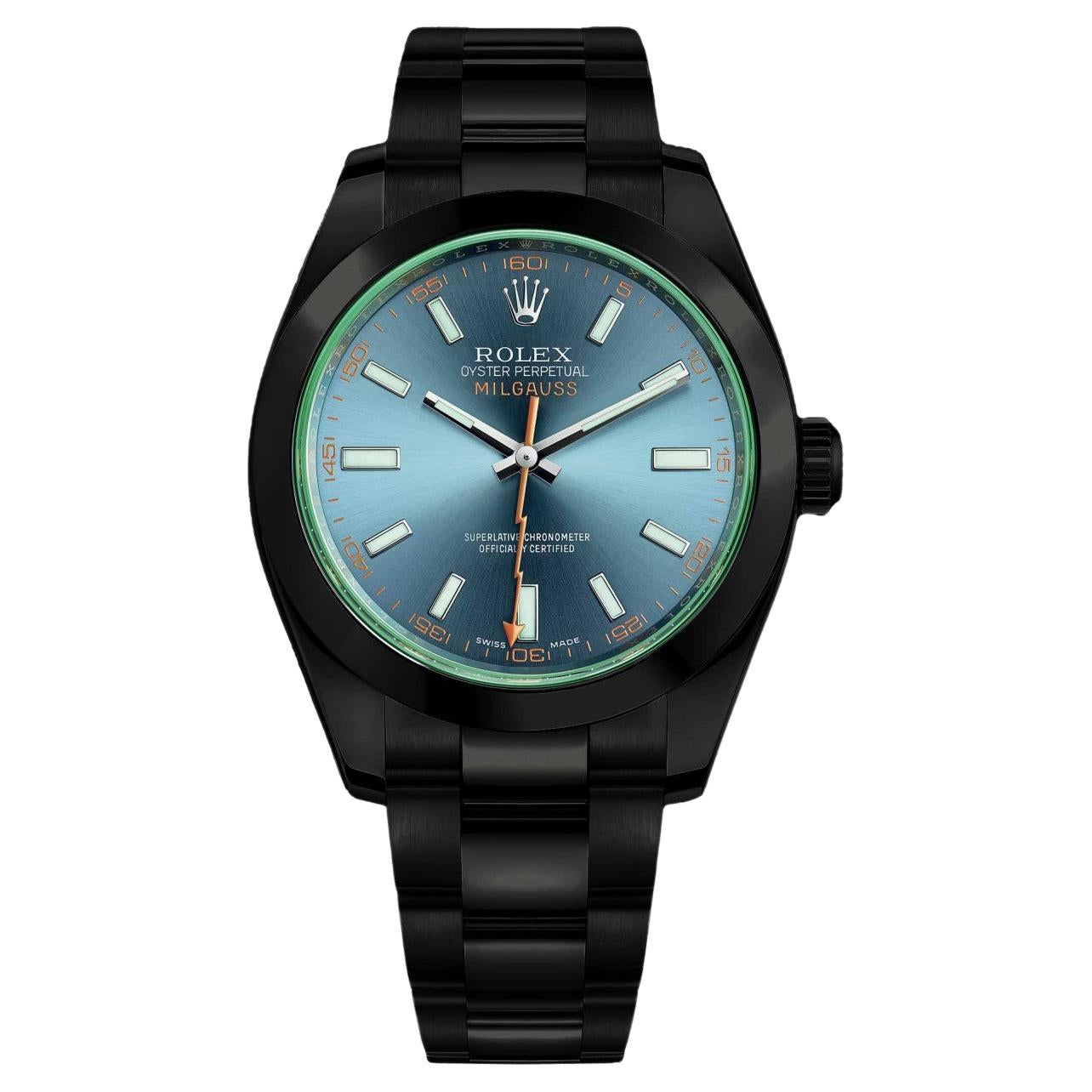 Rolex Milgauss Green Crystal Blue Dial Black PVD/DLC Stainless Steel Watch 11640