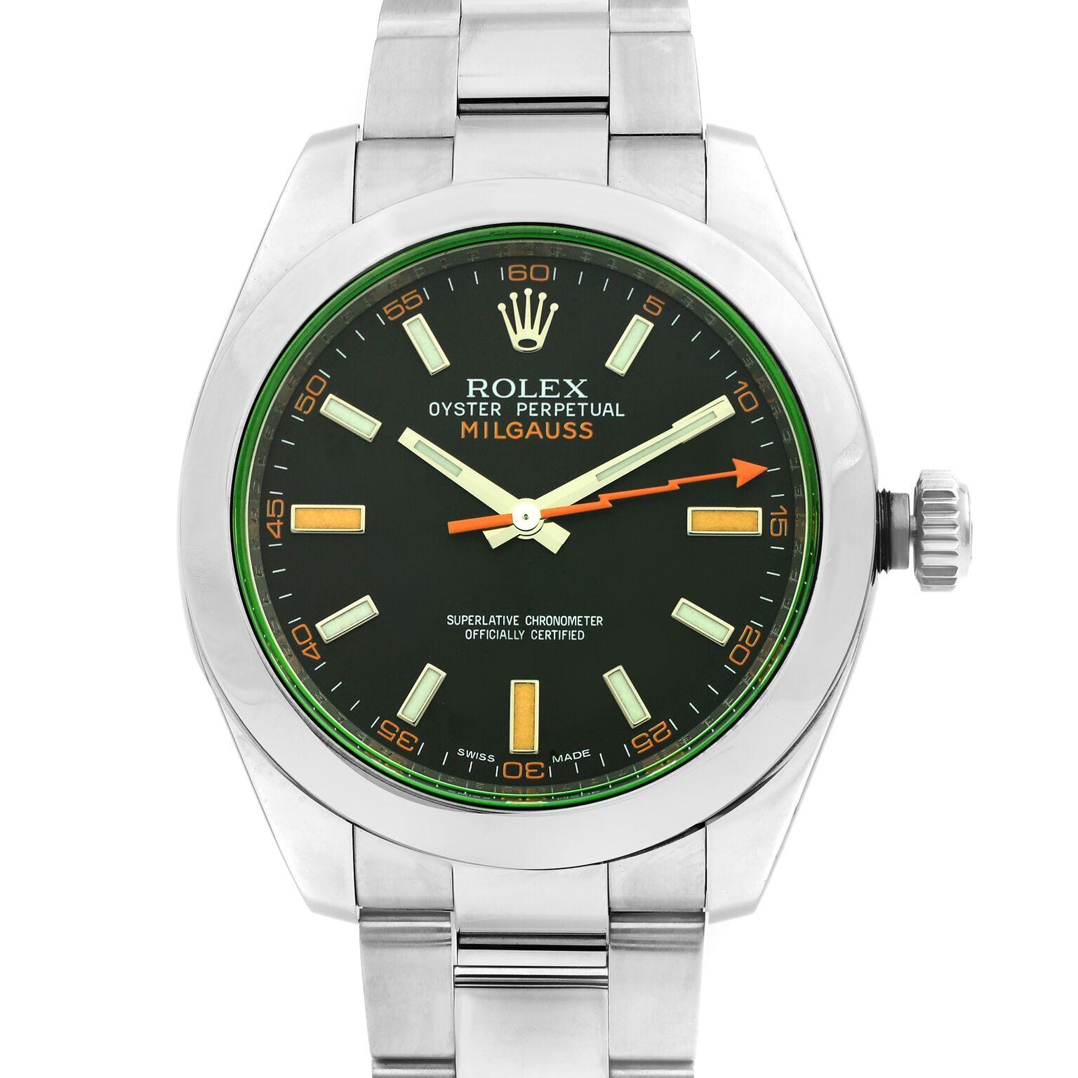 This pre-owned Rolex Milgauss 116400GV is a beautiful men's timepiece that is powered by a mechanical (automatic) movement which is cased in a stainless steel case. It has a round shape face,  dial, and has hand sticks style markers. It is completed