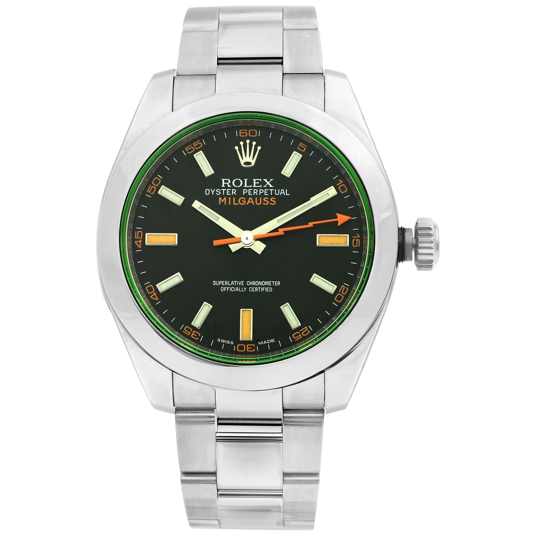 Rolex Milgauss Green Crystal Orange Hand Black Dial Men's Watch 116400GV