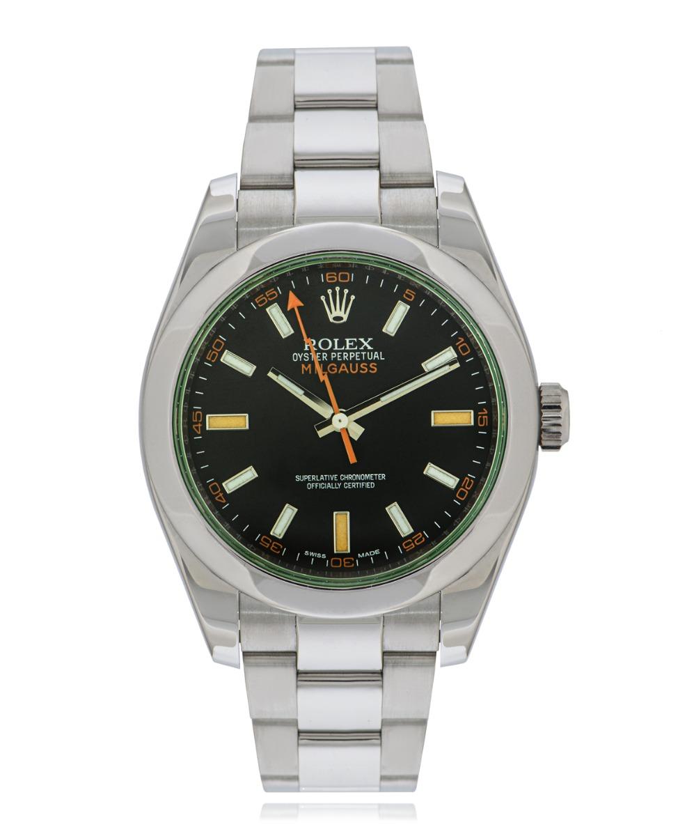 A 40mm stainless steel Milgauss from Rolex, featuring an intense black dial, and an orange second hand shaped like a lightning bolt and a unique green sapphire crystal which is exclusive to the Milgauss design.

Equipped with an Oyster bracelet, an