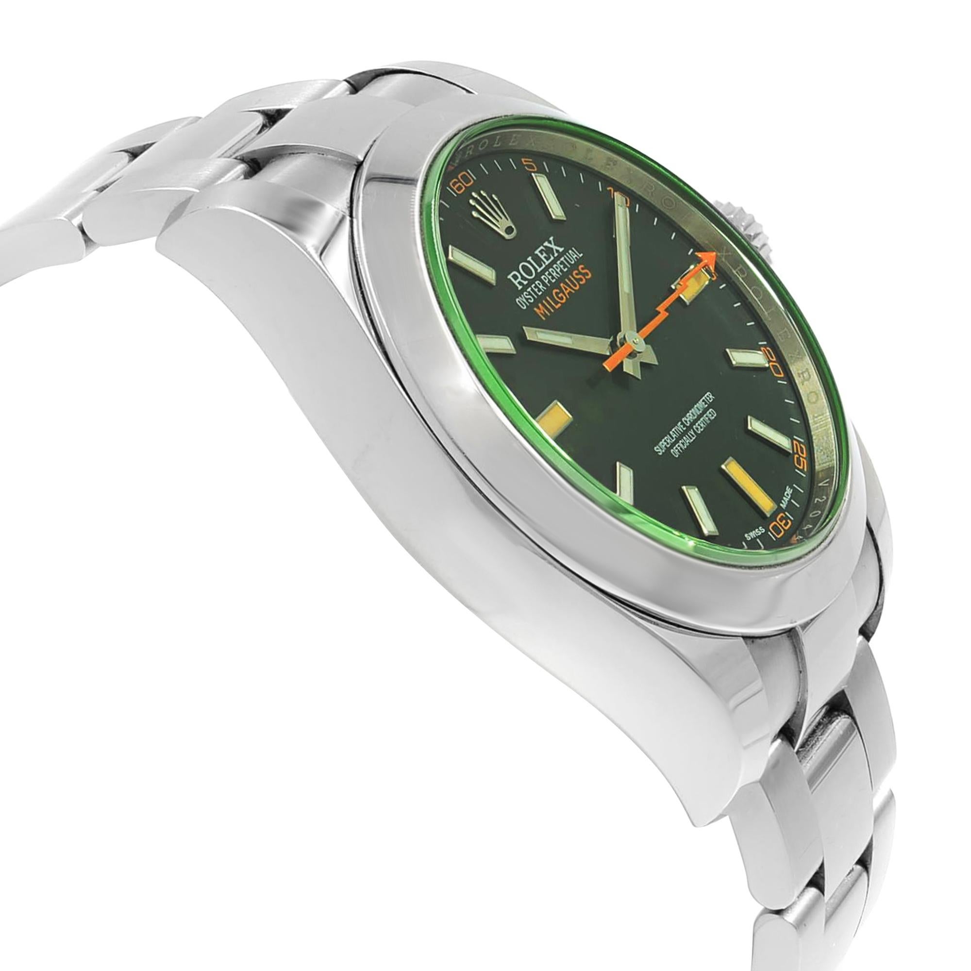 Rolex Milgauss Green Sapphire Black Index Dial Steel Automatic Watch 116400GV In Excellent Condition In New York, NY