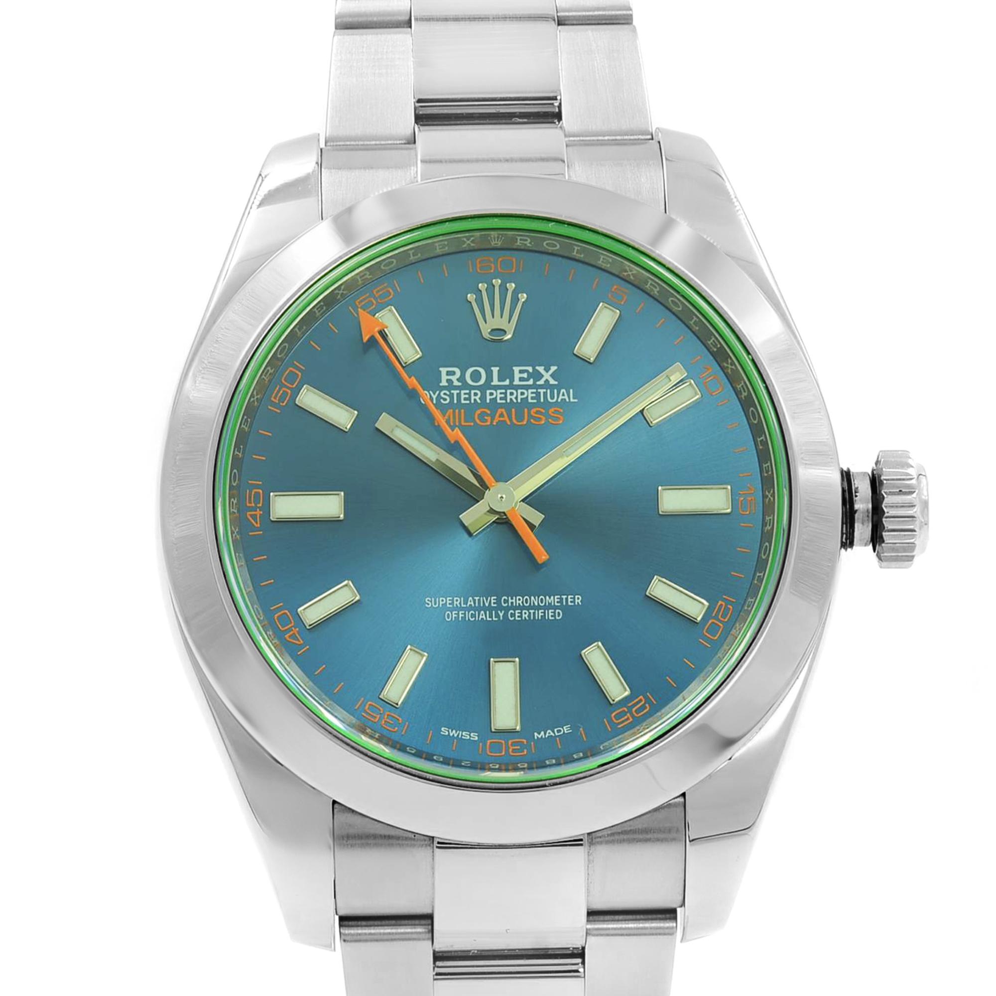 This pre-owned Rolex Milgauss  116400GV is a beautiful men's timepiece that is powered by an automatic movement which is cased in a stainless steel case. It has a round shape face, no features dial, and has hand sticks style markers. It is completed